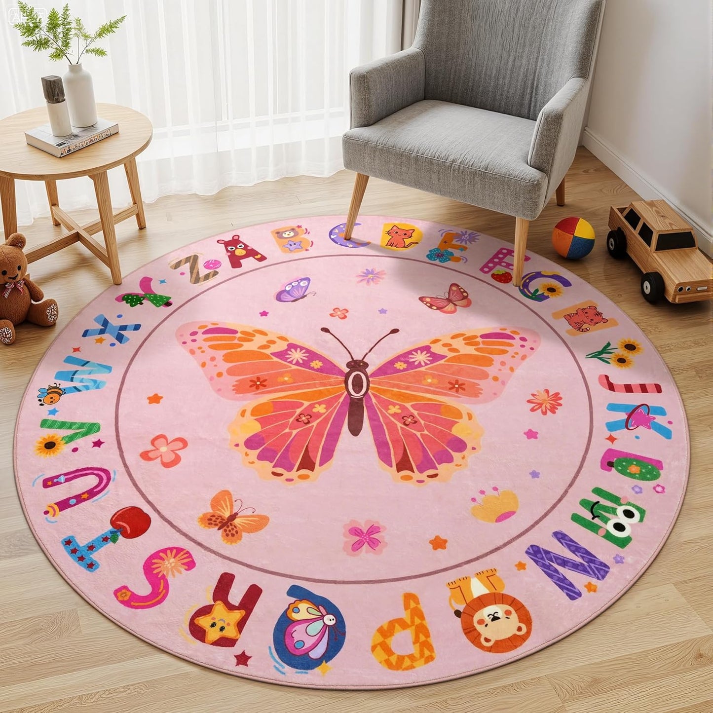 ABC Kids Alphabet Round Rug 4ft, Washable Soft Circle Nursery Rug, Non-Slip Educational Carpet with Space Astronaut Design for Classroom, Playroom & Kids Room Decor Blue