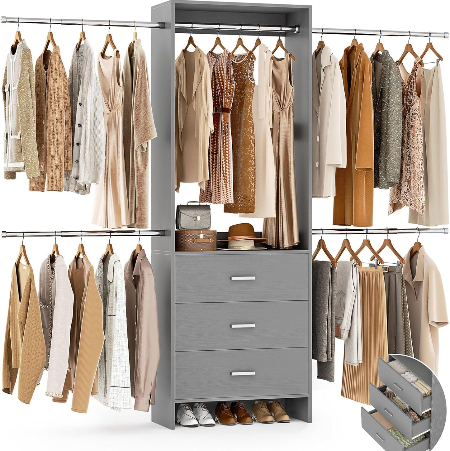 Aheaplus Closet System, Closet Organizer with 3 Wooden Drawers, Closet Organizer System, Walk-in Closet Wardrobe Clothes Rack with 4 Hanging Rods, Garment Rack, -4R, White