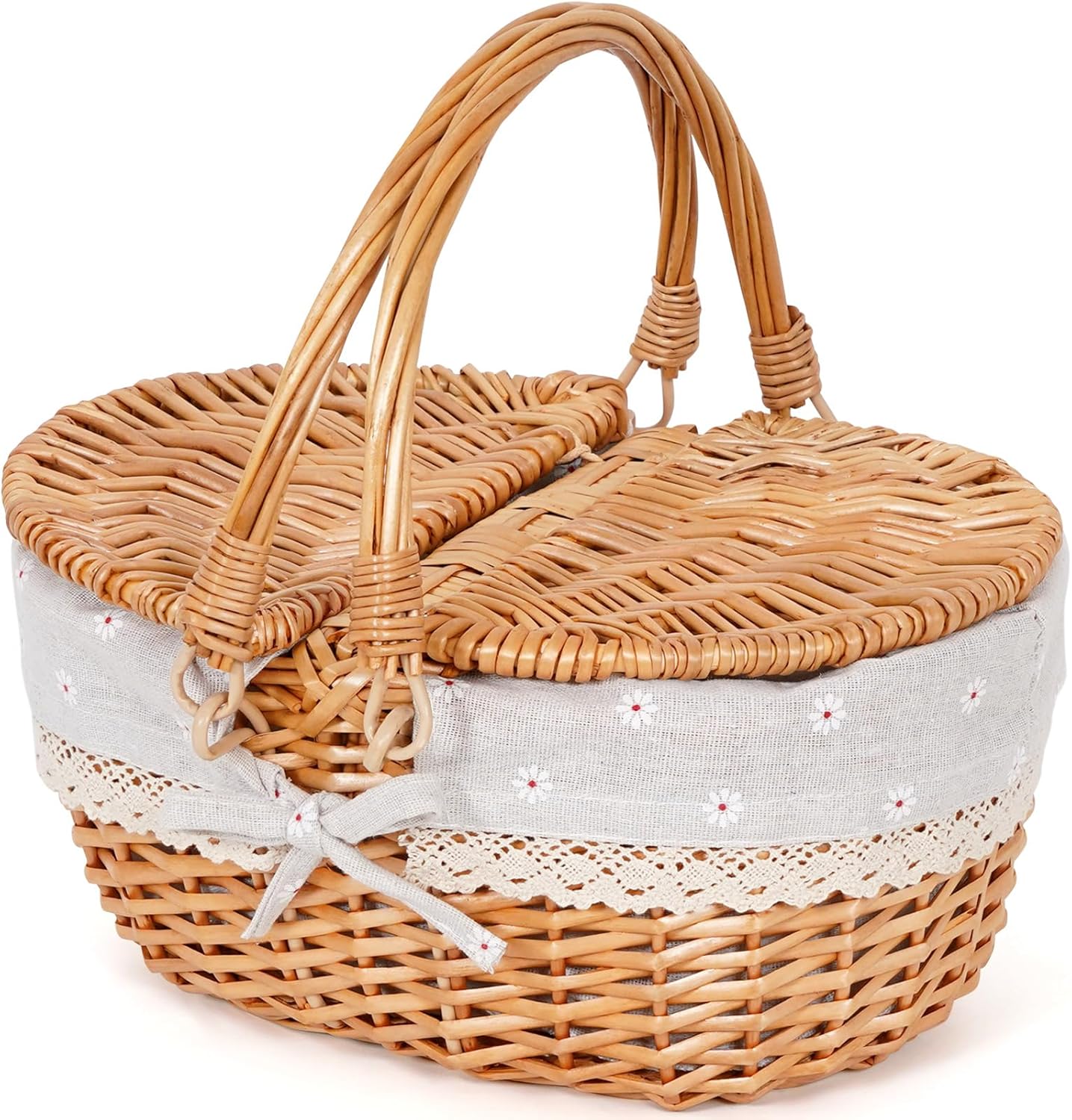 Happypicnic Wicker Picnic Basket with Handle, 15" Large Empty Picnic Basket with Lid & Removable Liner, Vintage Hand Woven Basket for Picnics, Camping, Veg Picking, Mother's Day, Thanksgiving (Solid)