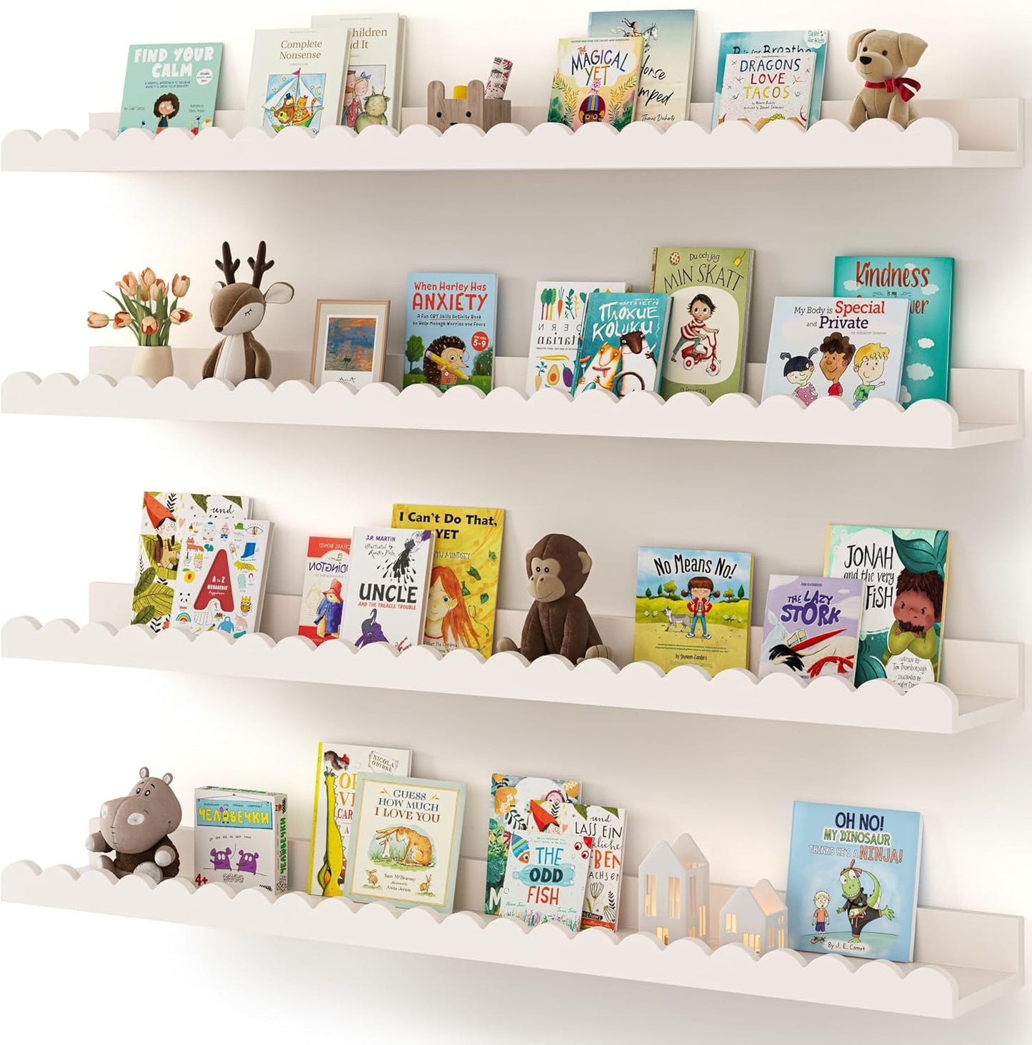 Shario Nursery Book Shelves, 4-Pack White Floating Shelves for Wall Kids, Scalloped Shelves, Wall Book Shelves for Bedroom Kids, Toddler Room, Baby Room, Nursery Decor