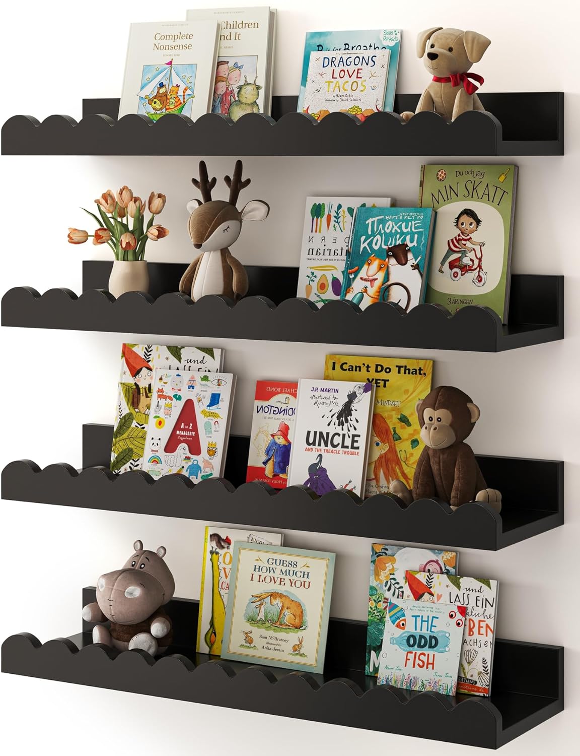 Shario Nursery Book Shelves, 4-Pack White Floating Shelves for Wall Kids, Scalloped Shelves, Wall Book Shelves for Bedroom Kids, Toddler Room, Baby Room, Nursery Decor