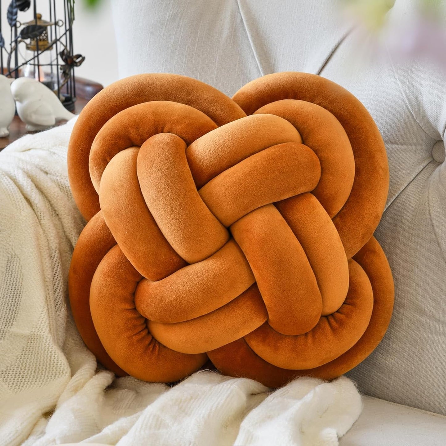 Xuyier Knot Pillow Ball, Decorative Throw Pillows with Velvet Fabric for Couch Bed, 12" Decor Knotted Square Floor Pillow Cushions for Living Room (12 Inches, Beige)