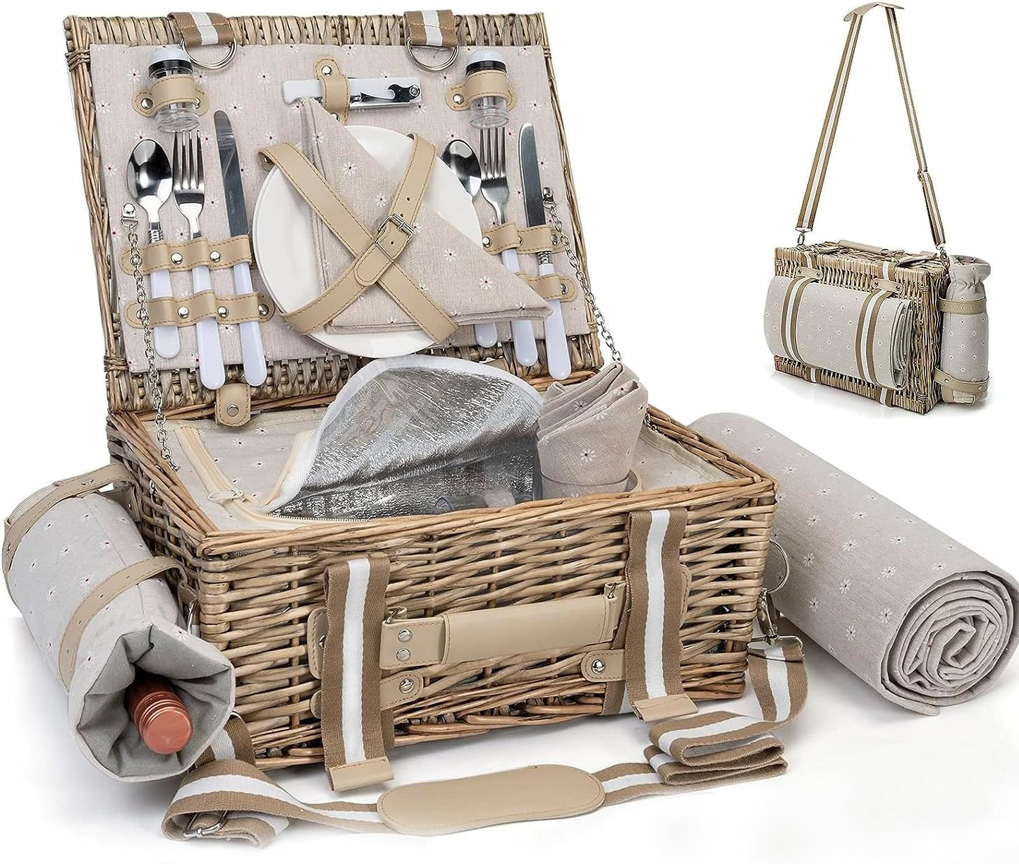 31Pcs Picnic Basket Set for 4 with Insulated Liner and Waterproof Blanket Wine Pouch, Large Wicker Picnic Hamper for Camping,Outdoor,Valentine Birthday Christmas for Couples