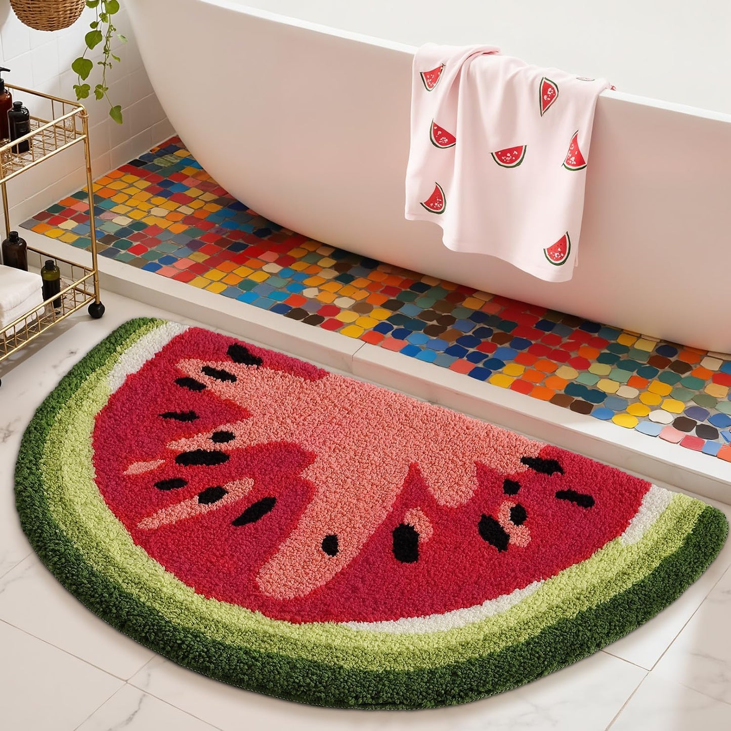 LUMI Cute Bathroom Rugs with Green Leaf Plant, Soft, Fluffy, Plush, Absorbent, Quick Dry, Non Slip, Machine Washable for Shower Floor, Bathroom, Bedroom, Kids Room, 31.5"x47", Monstera