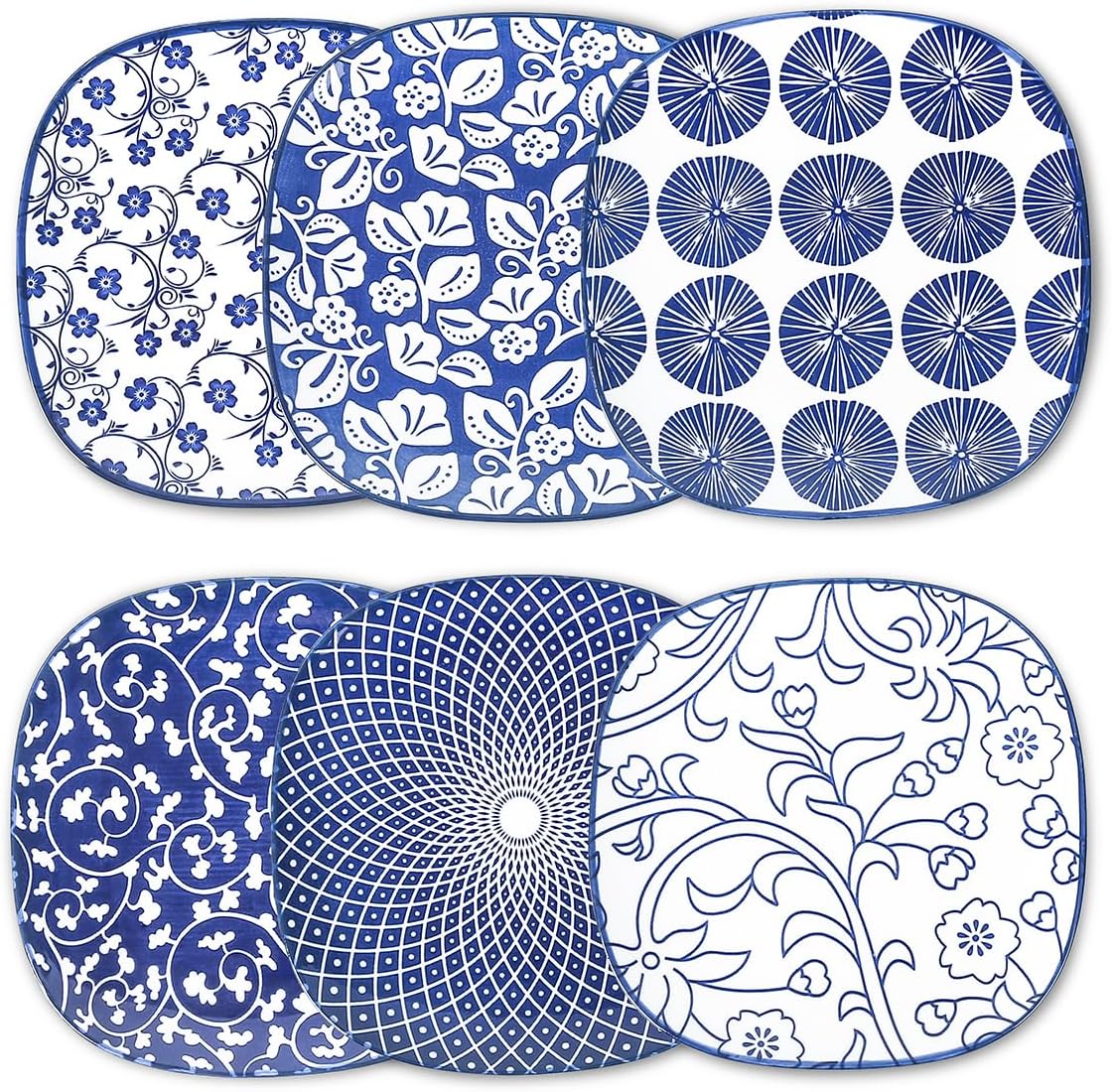 Selamica Porcelain Square Dessert Salad Pasta Plates 7.6 inches ceramic plates set of 6 microwave/dishwasher/oven safe, Vintage Blue