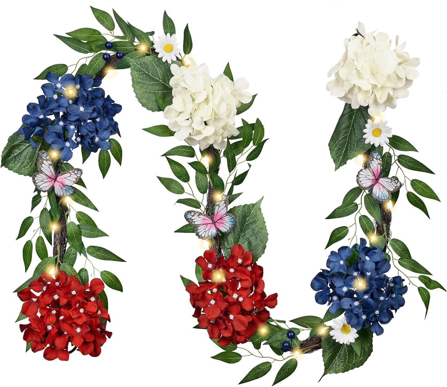 Valery Madelyn 6FT Spring Summer Flower Garland with Lights for Mantle,Blue White Hydrangeas Floral Garland with Eucalyptus Leaves Butterfly for Home Table Centrepiece Stairs Wedding Party Decorations