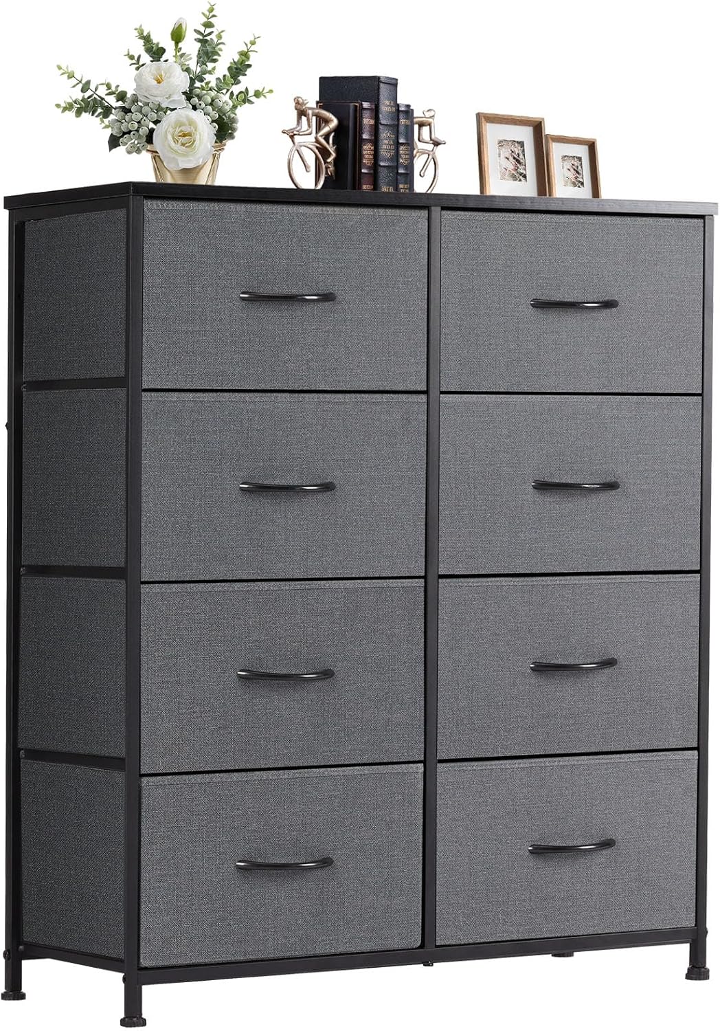DUMOS Dresser for Bedroom, Storage Organizer with 9 Drawers, Chest of Drawers with Fabric Bins, Sturdy Metal Frame, Wood Tabletop for Guest Room, Closet, Entryway, White