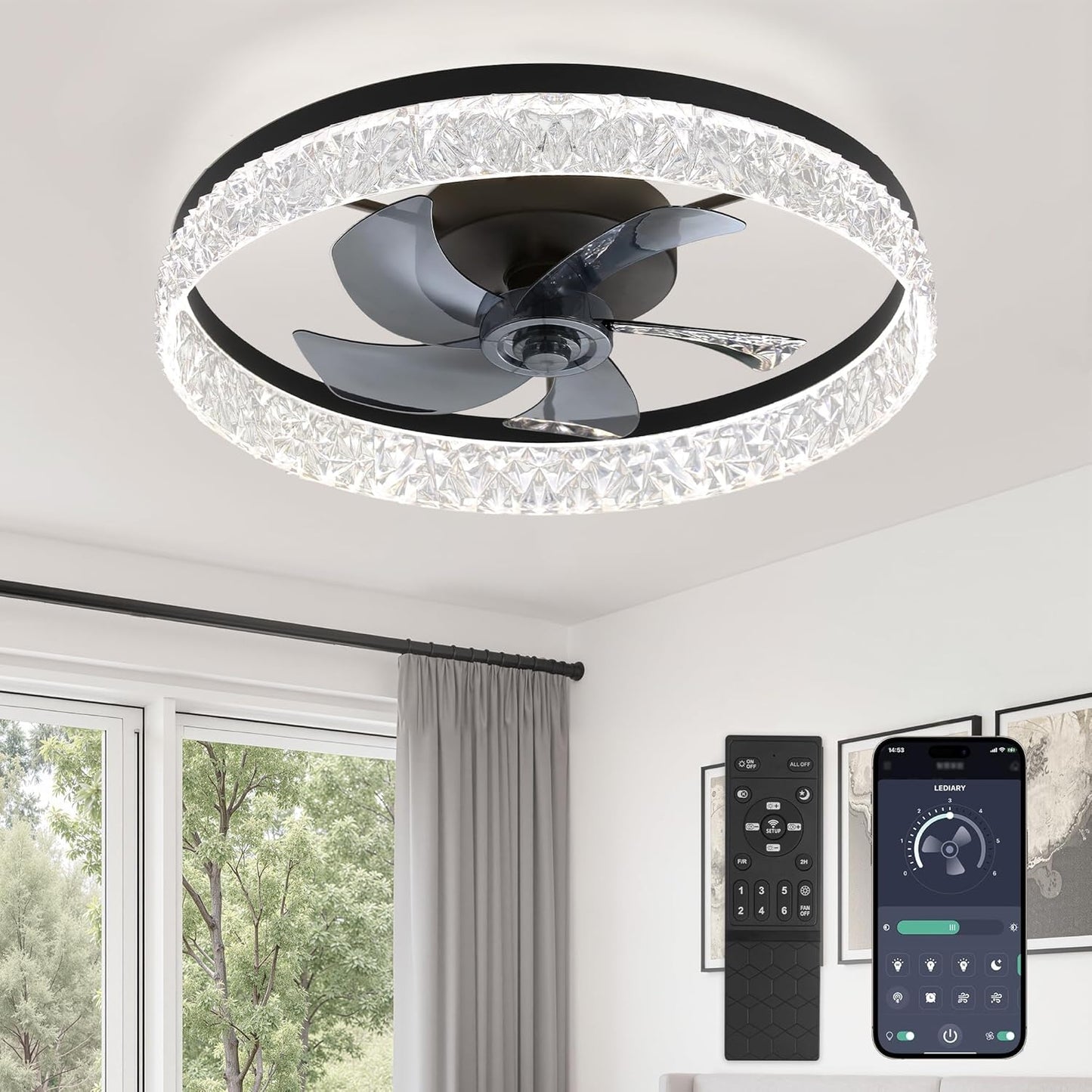 LEDIARY 20 Inch Low Profile Ceiling Fans with Lights and Remote, Fandelier Ceiling Fan Flush Mount, 3000K-6000K Dimmable LED Fan Light, White Modern Ceiling Fans with Lights for Bedroom