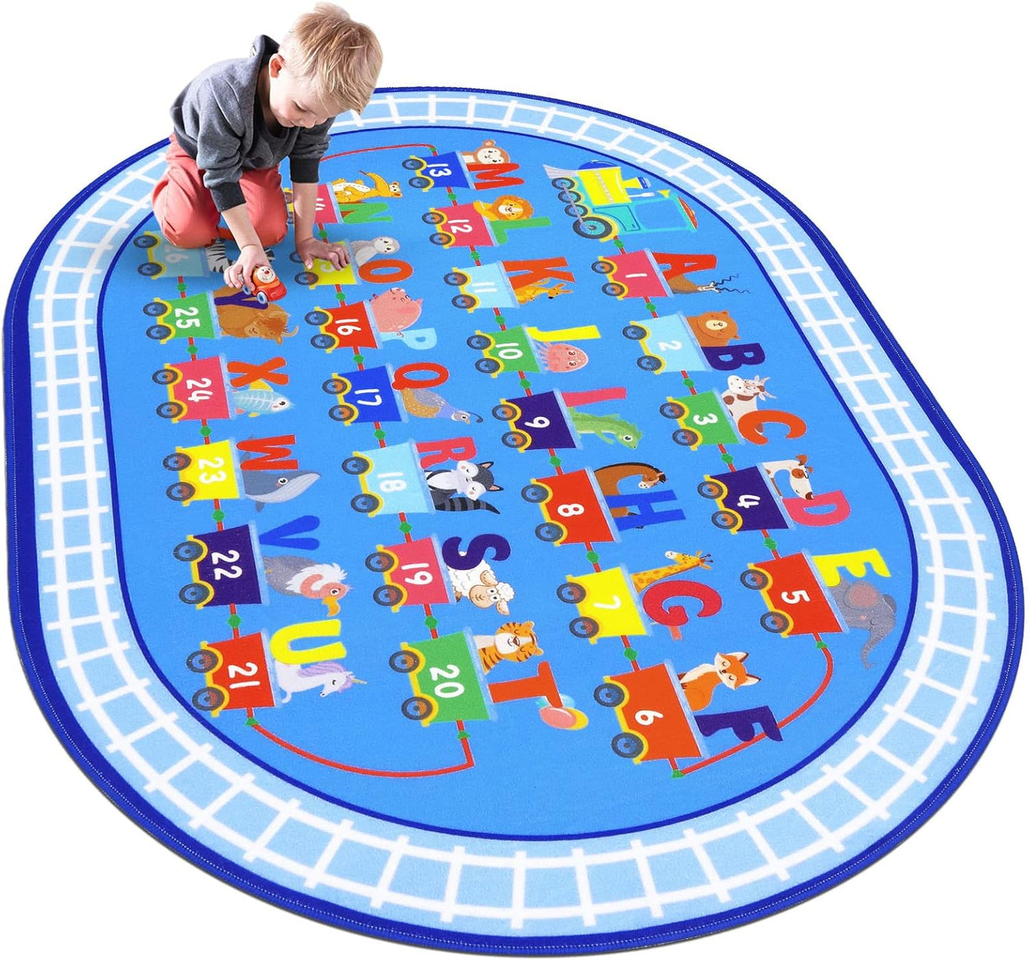 HiiARug Kids Carpet Playmat Rug ABC Alphabet, Numbers, Train and Road Themed Playing Educational Classroom Rug Fun Game Play Area Rug for Kids Bedroom, Toddler Classroom and Baby Playroom Decor