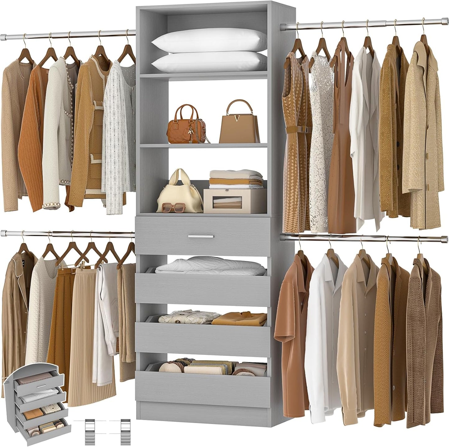 Aheaplus Closet System, 4-9Ft Closet Organizer with 4 Wooden Drawers, Wood Closet Organizer System with Tower, Walk-in Closet Organizer Wardrobe Clothes Rack with 4 Hanging Rods, Garment Rack, White