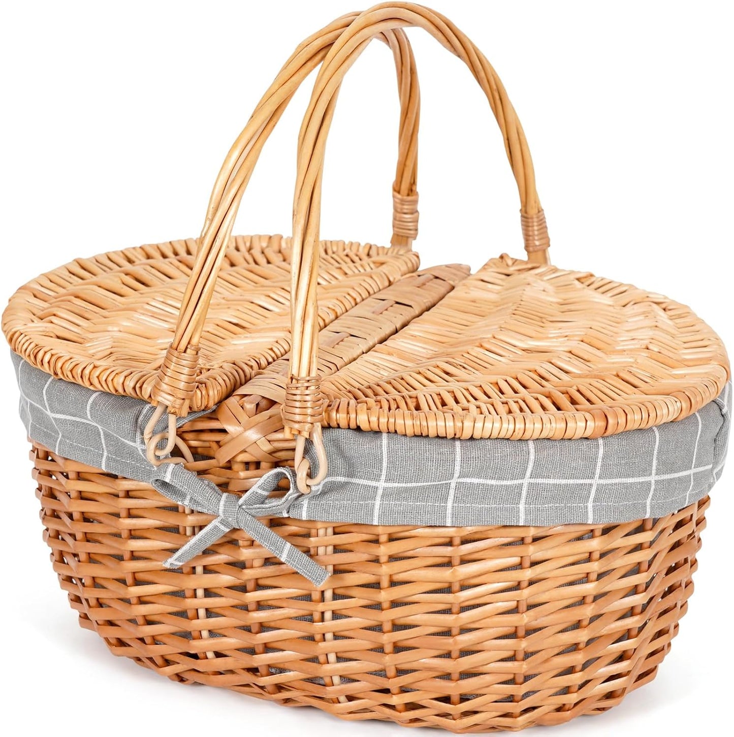 Happypicnic Wicker Picnic Basket with Handle, 15" Large Empty Picnic Basket with Lid & Removable Liner, Vintage Hand Woven Basket for Picnics, Camping, Veg Picking, Mother's Day, Thanksgiving (Solid)