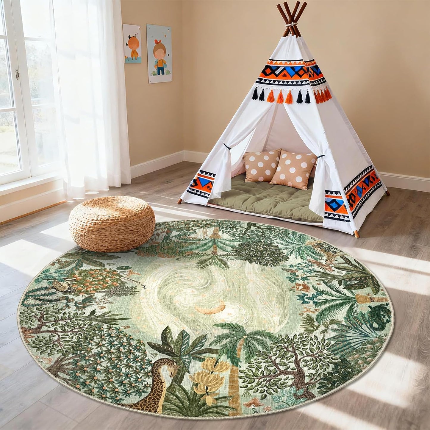 GarveeHome 4x6 Washable Area Rug for Kids Room, Jungle Animal Soft Bedroom Rug Non Slip Low Pile Small Carpet Stain Resistant Throw Rug for Bedside Playroom Classroom Office Dining Room