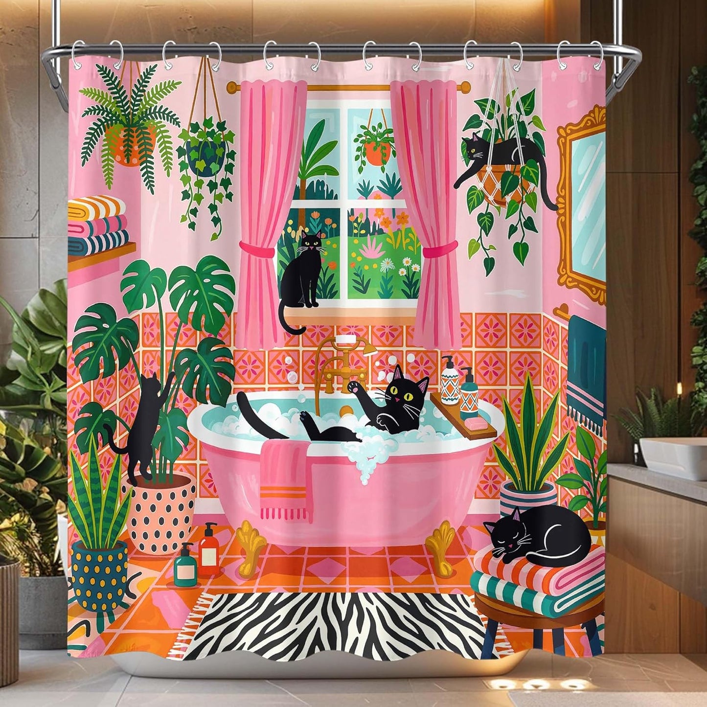 Accnicc Cute Cat Shower Curtain Funny Fun Cool Cats Monet Shower Curtains for Bathroom Water Lilies Waterproof Fabric Bath Curtain Decor 72 X 72 Inch