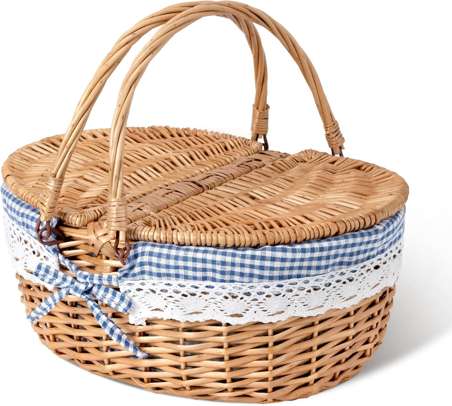 GRANNY SAYS Picnic Basket, Wicker Basket with Lid, Woven Cute Basket with Handle, Storage Basket with Washable Lining & Dual-Flid Lid, Natural Willow Picnic Hamper, White Lining