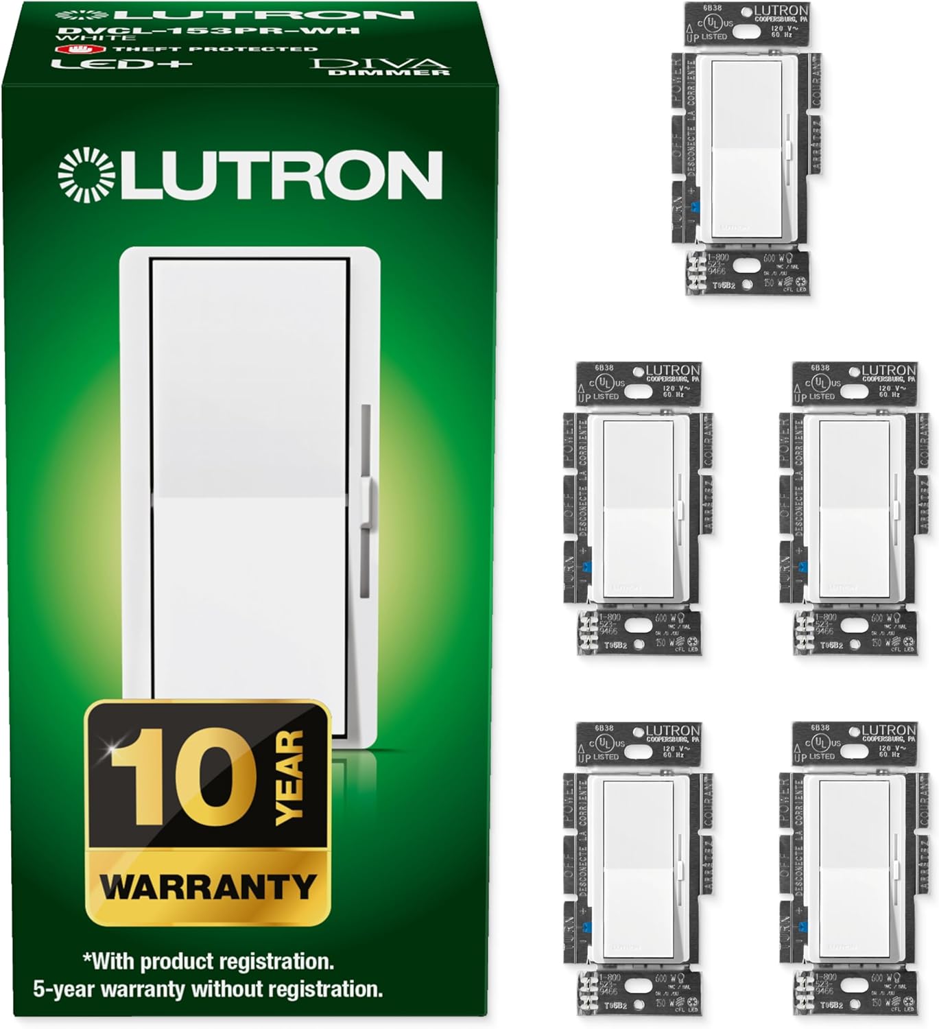 Lutron Diva LED+ Dimmer Light Switch for Dimmable LED, Halogen, and Incandescent Bulbs, 150 Watt, Single-Pole or 3-Way, DVCL-153P-WH, White