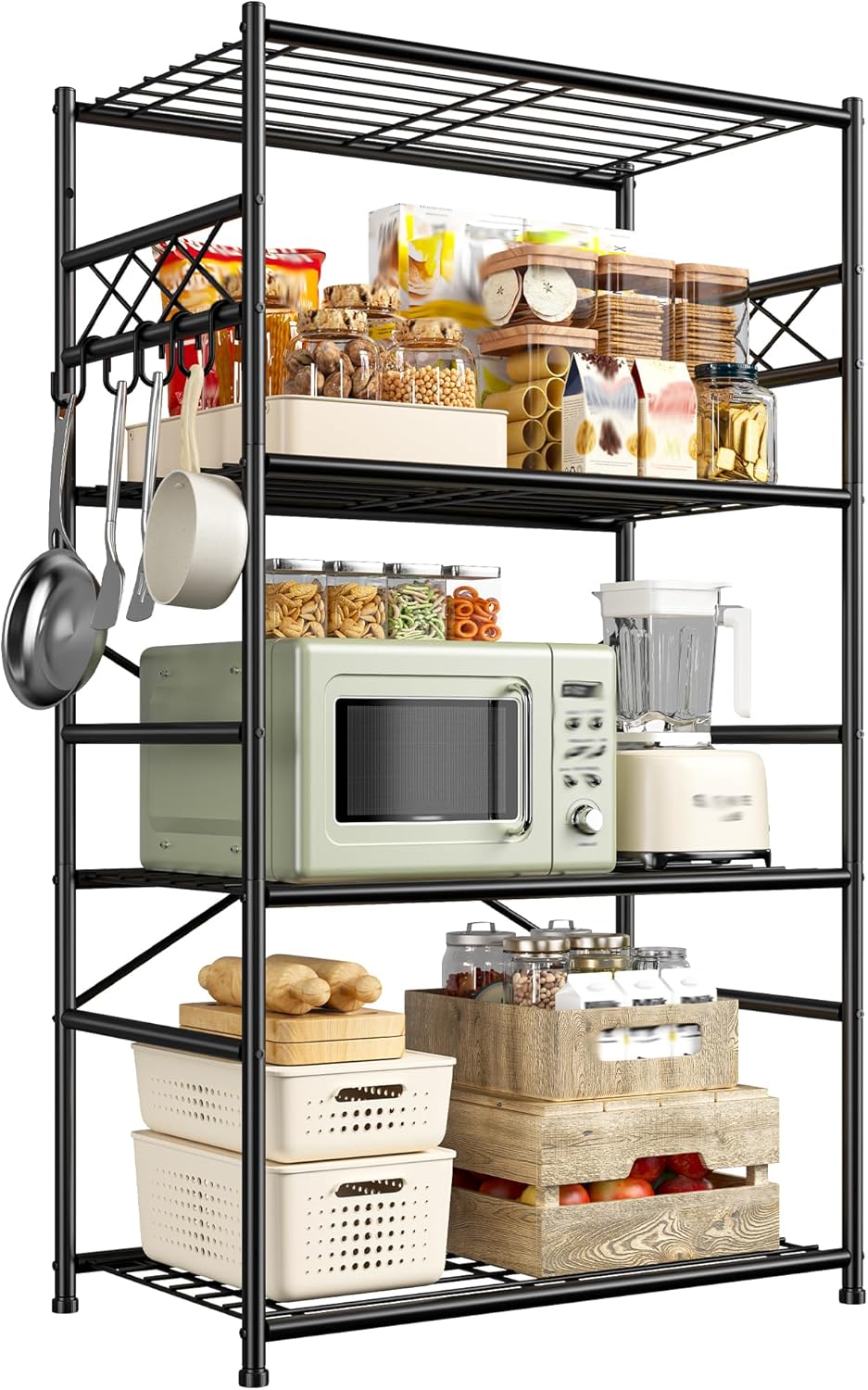 Storage Shelves 5-Tier Large Capacity Wire Shelving with Hooks, Heavy Duty Garage Shelving Unit with Leveling Feet, Stable Metal Shelf for Pantry, Kitchen and Closet, 72" H x 36" W x 12" D, Black