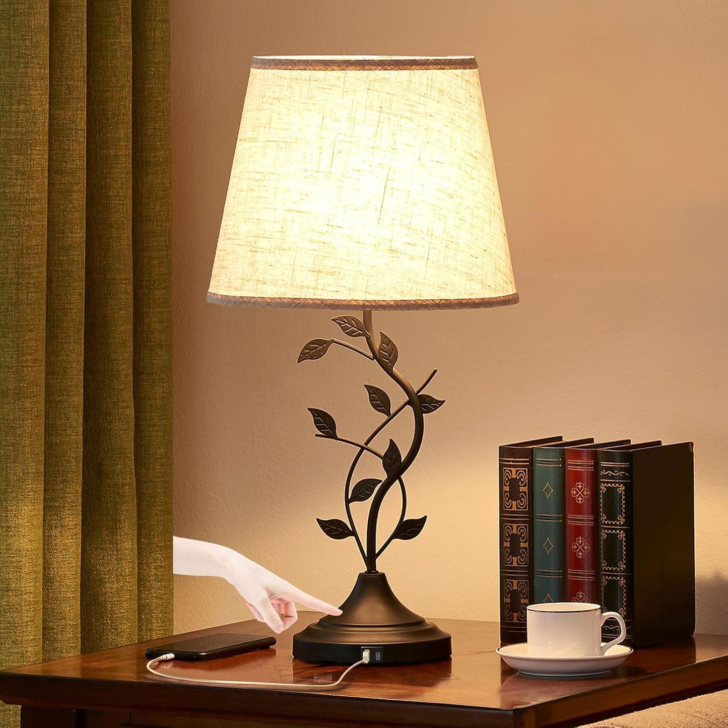 Kakanuo Table Lamp for Bedside, Lamp for Living Room with USB-A and USB-C Charging Ports, Traditional Tall Bedroom Lamp for End Table