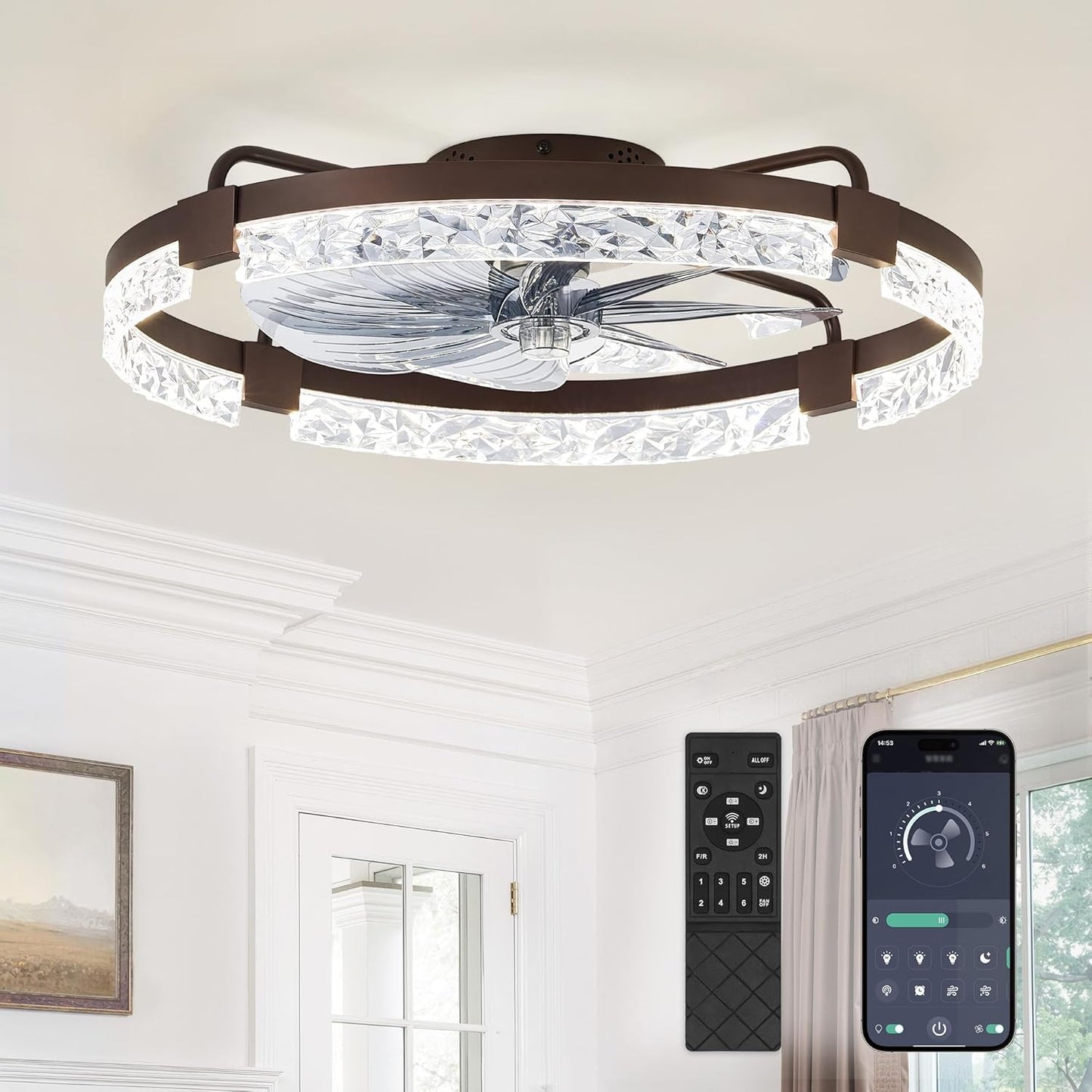 LEDIARY 20 Inch Low Profile Ceiling Fans with Lights and Remote, Fandelier Ceiling Fan Flush Mount, 3000K-6000K Dimmable LED Fan Light, White Modern Ceiling Fans with Lights for Bedroom