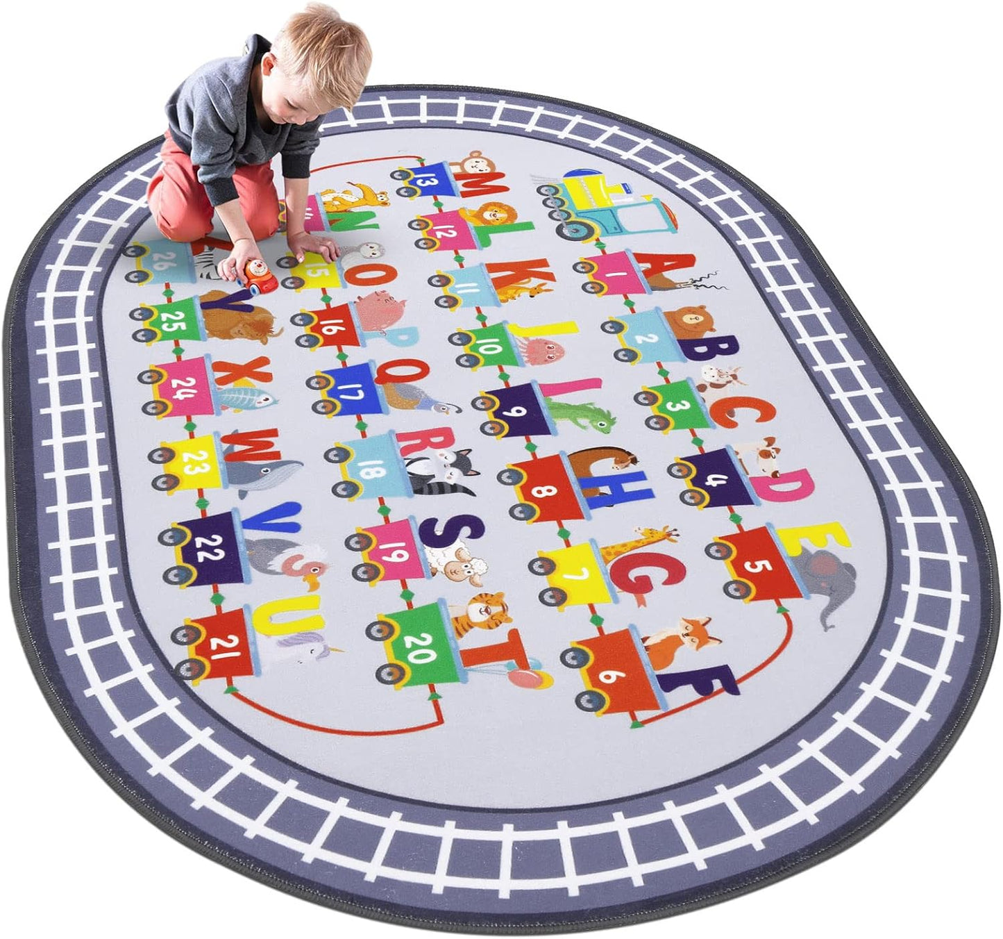 HiiARug Kids Carpet Playmat Rug ABC Alphabet, Numbers, Train and Road Themed Playing Educational Classroom Rug Fun Game Play Area Rug for Kids Bedroom, Toddler Classroom and Baby Playroom Decor