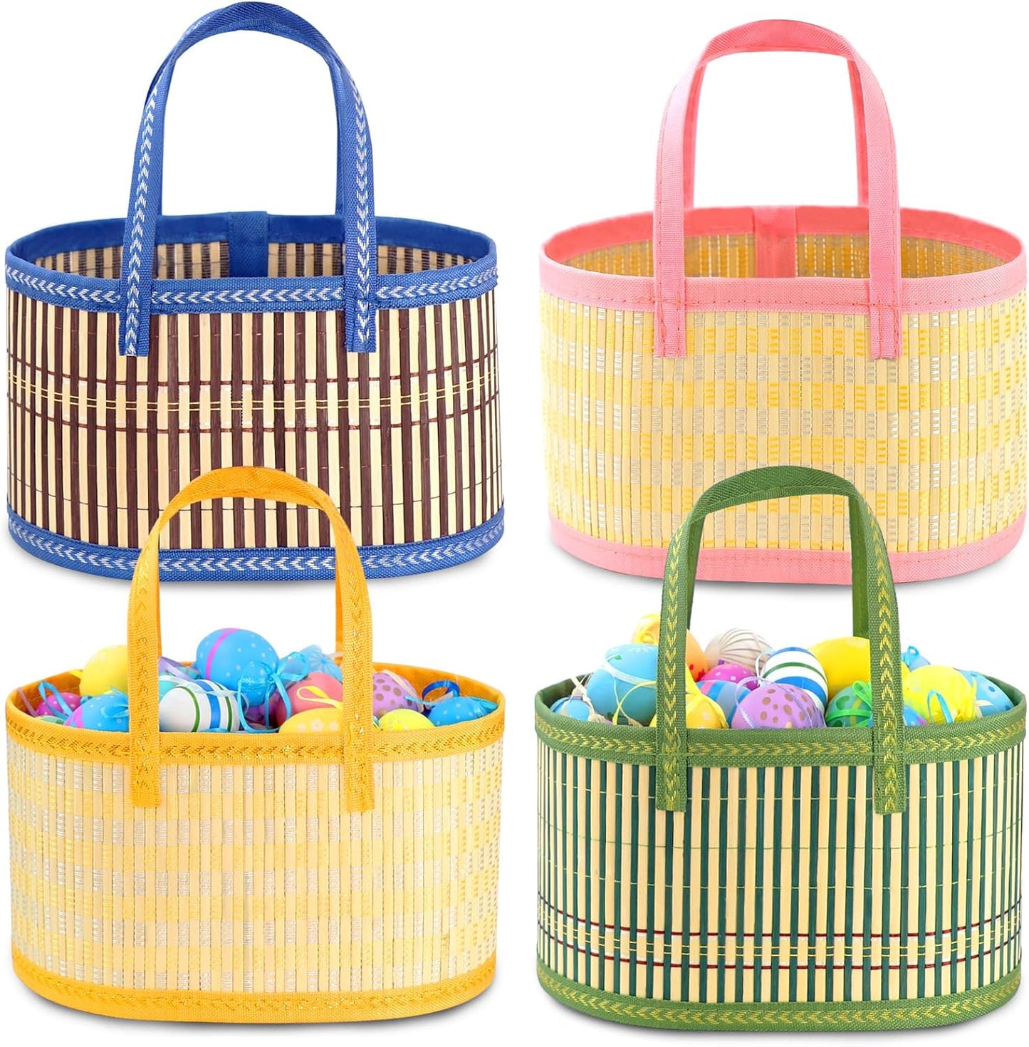 Foldable Easter Woven Bamboo Baskets Empty, 4 Pcs Easter Basket Bulk Set with Handle, Large Easter Baskets for Easter Egg Hunt Party Favor Picnic Supplies Gift Packing - Red Yellow Green Blue