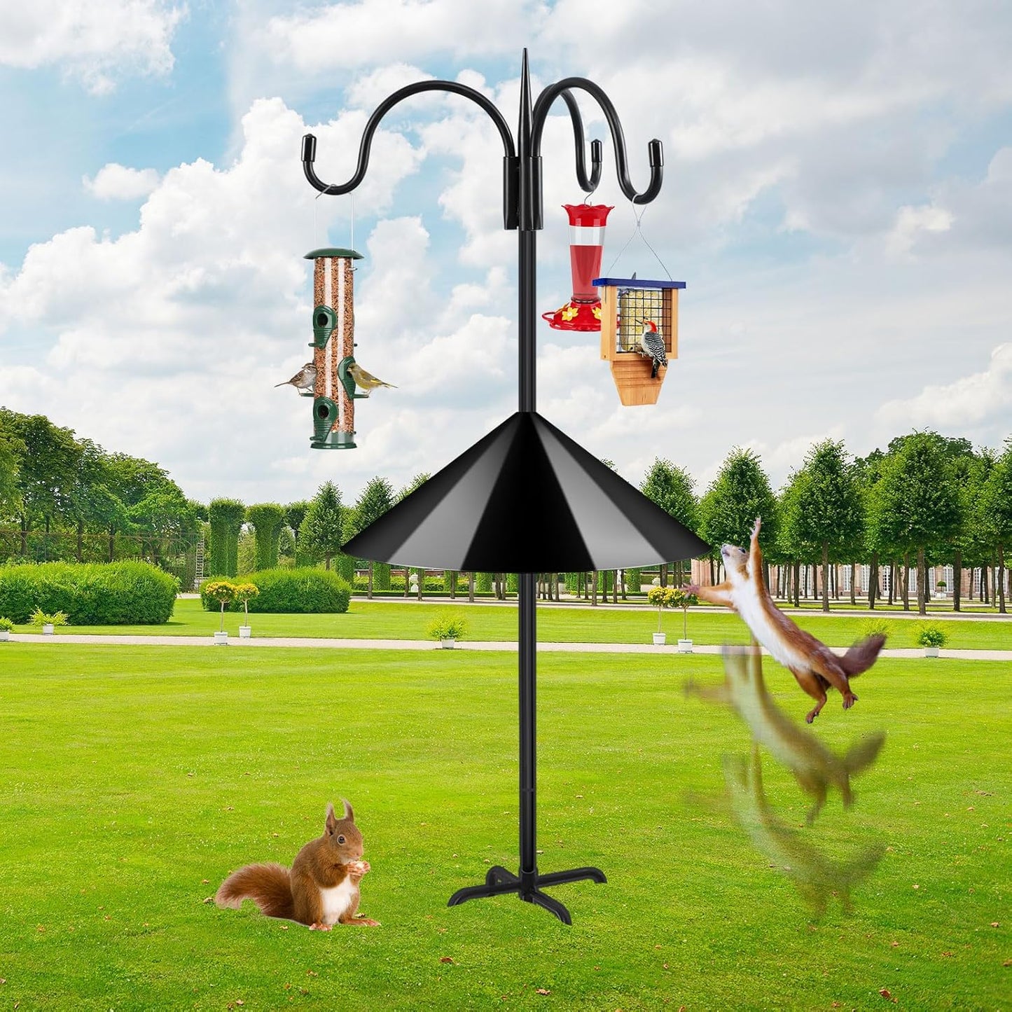 FEED GARDEN 4-Hook Squirrel-Proof Bird Feeder Pole - 92" Heavy-Duty Shepherd's Hook with 5-Prong Base & 19" Baffle for Multiple Feeders & Plants