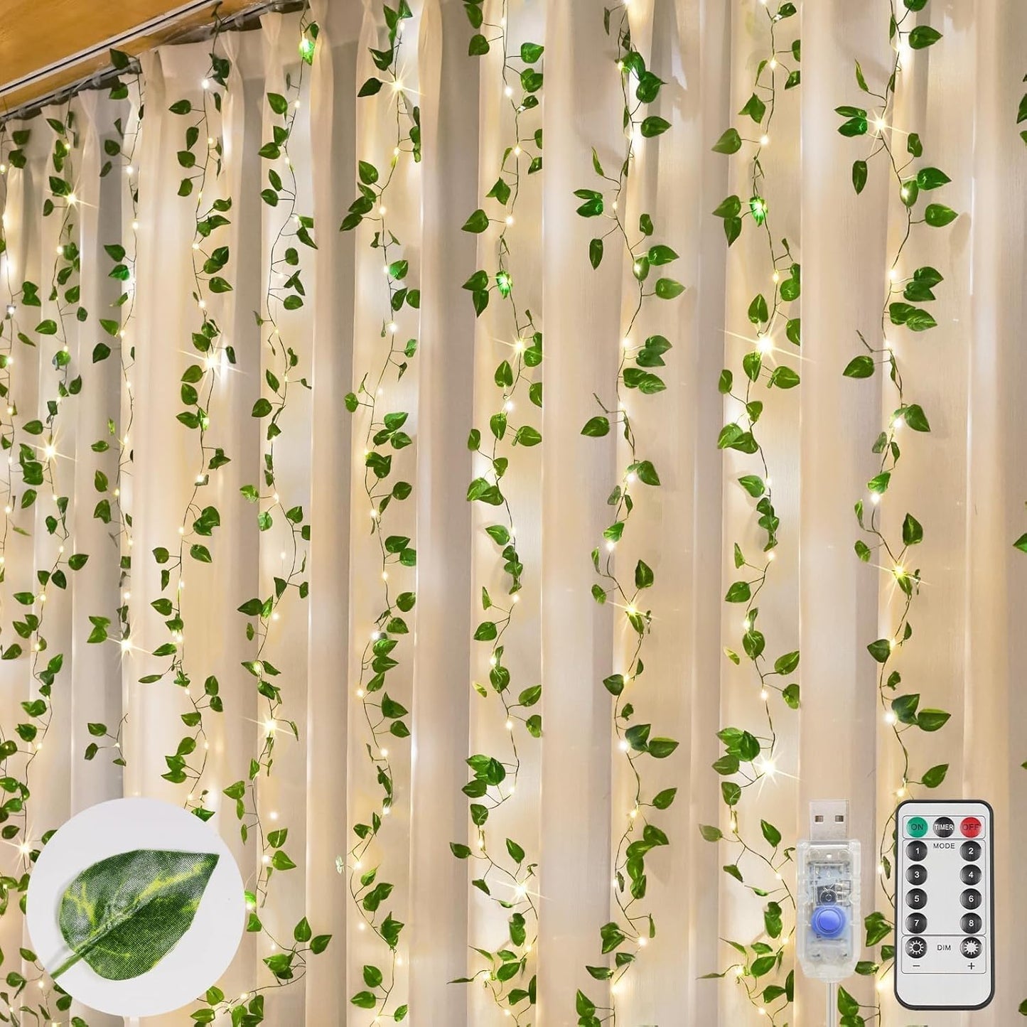 suddus Vines with Light for Bedroom, 200 LED Fairy Lights with Vines, Ivy Curtain Lights for Dorm, Wedding, Party, Wall, Indoor, Outdoor Decor, 6.5ft x 6.5ft