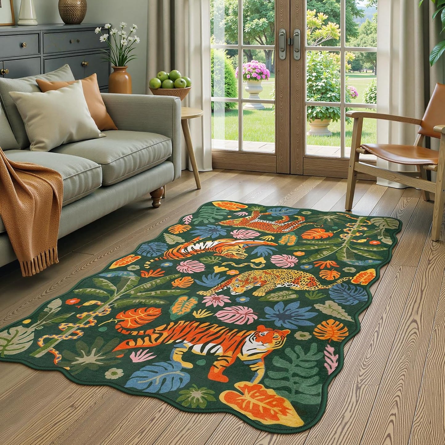 LEEVAN Jungle Animal Nursery Rugs 5x7, Washable Green Tiger Living Room Rugs Non Slip Scalloped Tiger Bedroom Rug, Low Pile Leopard Floor Carpet Leaf Print Kids Rug