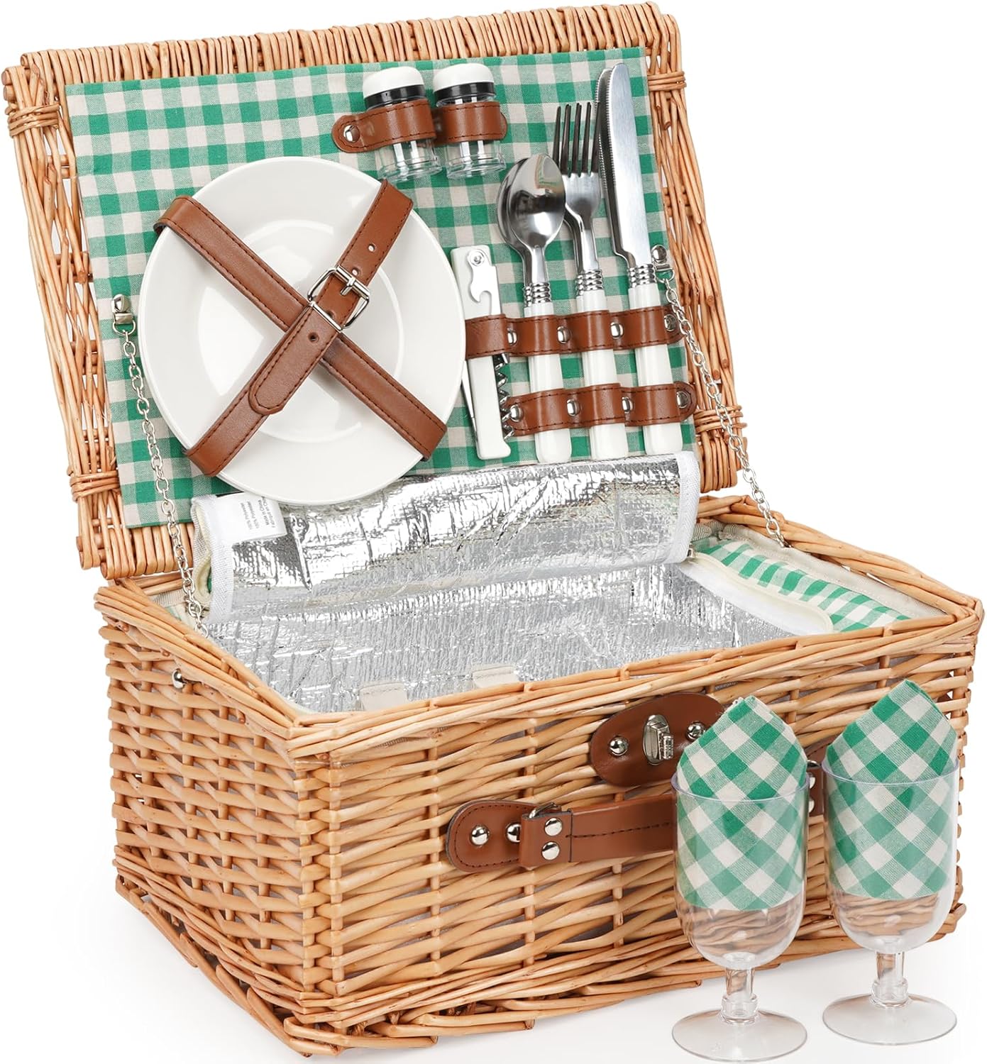 ZORMY Wicker Picnic Basket for 2 Person, Willow Hamper Basket Sets with Insulated Compartment, Handmade 2 Person Picnic Basket Classical Red Check with Utensils Cutlery Perfect for Picnic, Camping