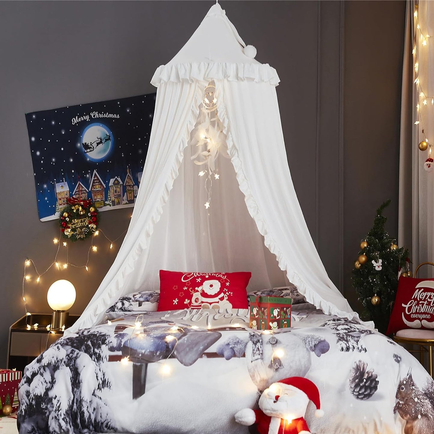 VETHIN Bed Canopy for Girls,Princess Round Dome Dreamy Mosquito Net Bedding Girls Room Castle Play Tent Hanging House Decor Reading Nook Canopies (JujubeRed)