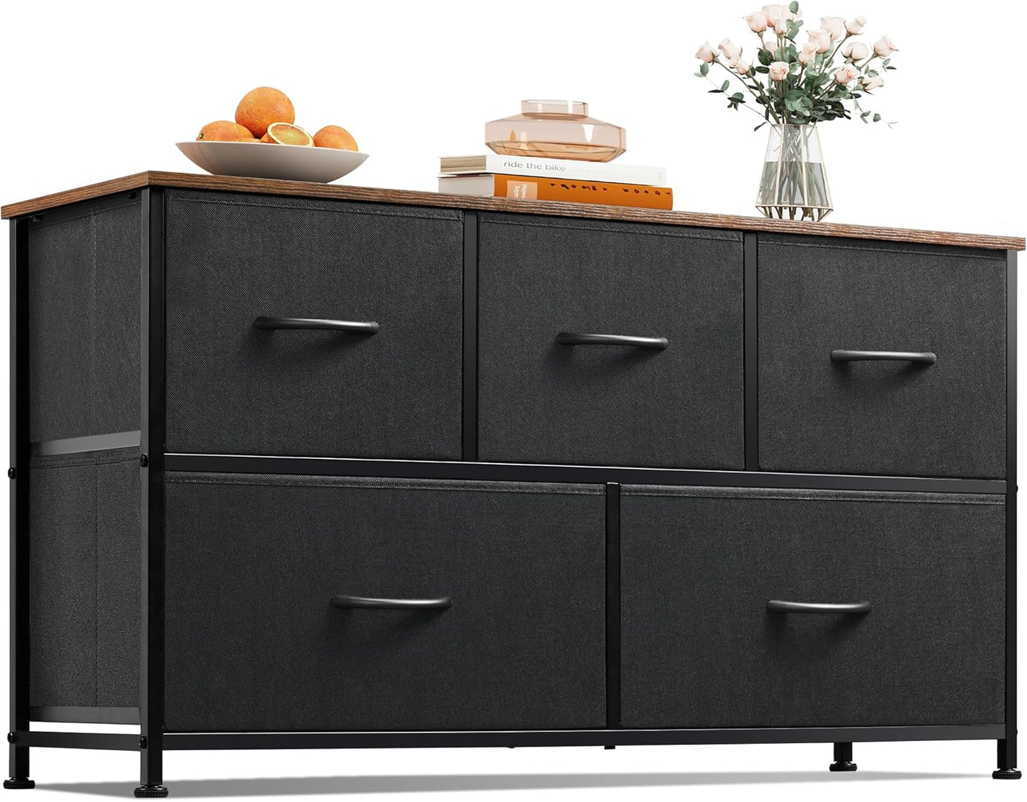 WLIVE Dresser for Bedroom with 5 Drawers, Wide Chest of Drawers, Fabric Dresser, Storage Organizer Unit with Fabric Bins for Closet, Living Room, Hallway, Dark Grey