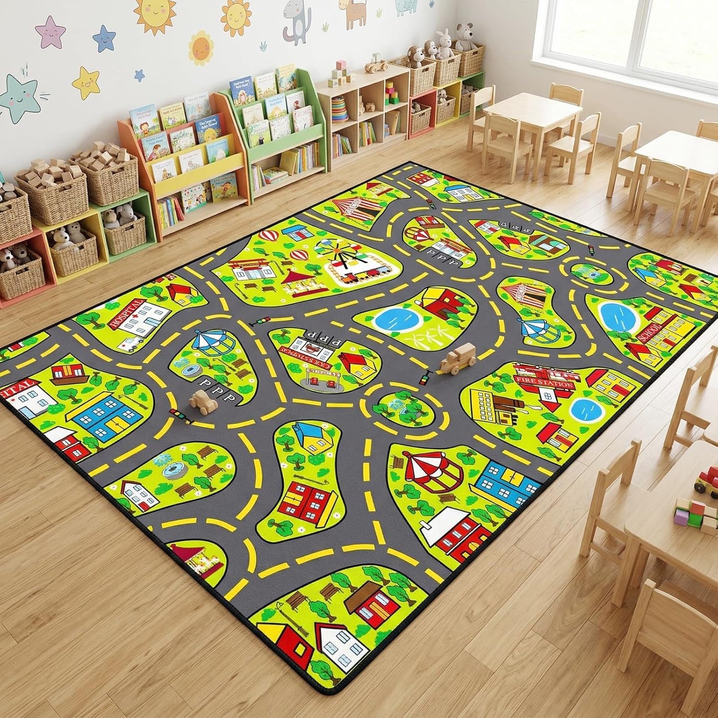 5x7 ft Kids Car Rug - Large Blue Traffic Road Play Mat for Cars, Educational City Play Carpet for Playroom, Nursery & Bedroom Decor