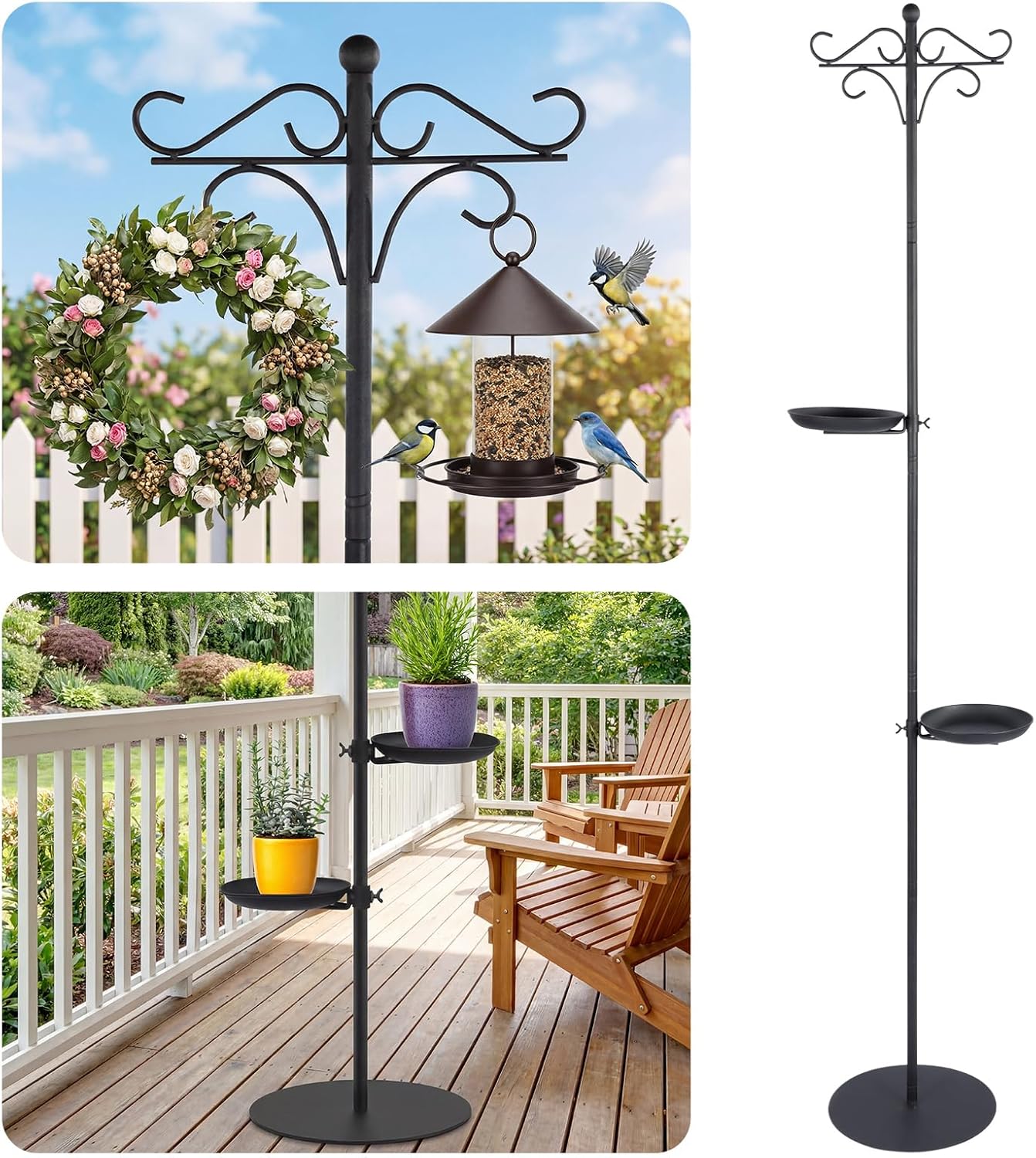 1 Set Upgraded 75.9" Shepherds Hook for Bird Feeder, Hanging Plant Wind Chime Stand, Metal Adjustable Standing Pole Holder for Indoor Outdoor, with 2 Rack & Weight Bag (Classic 2 Hooks)