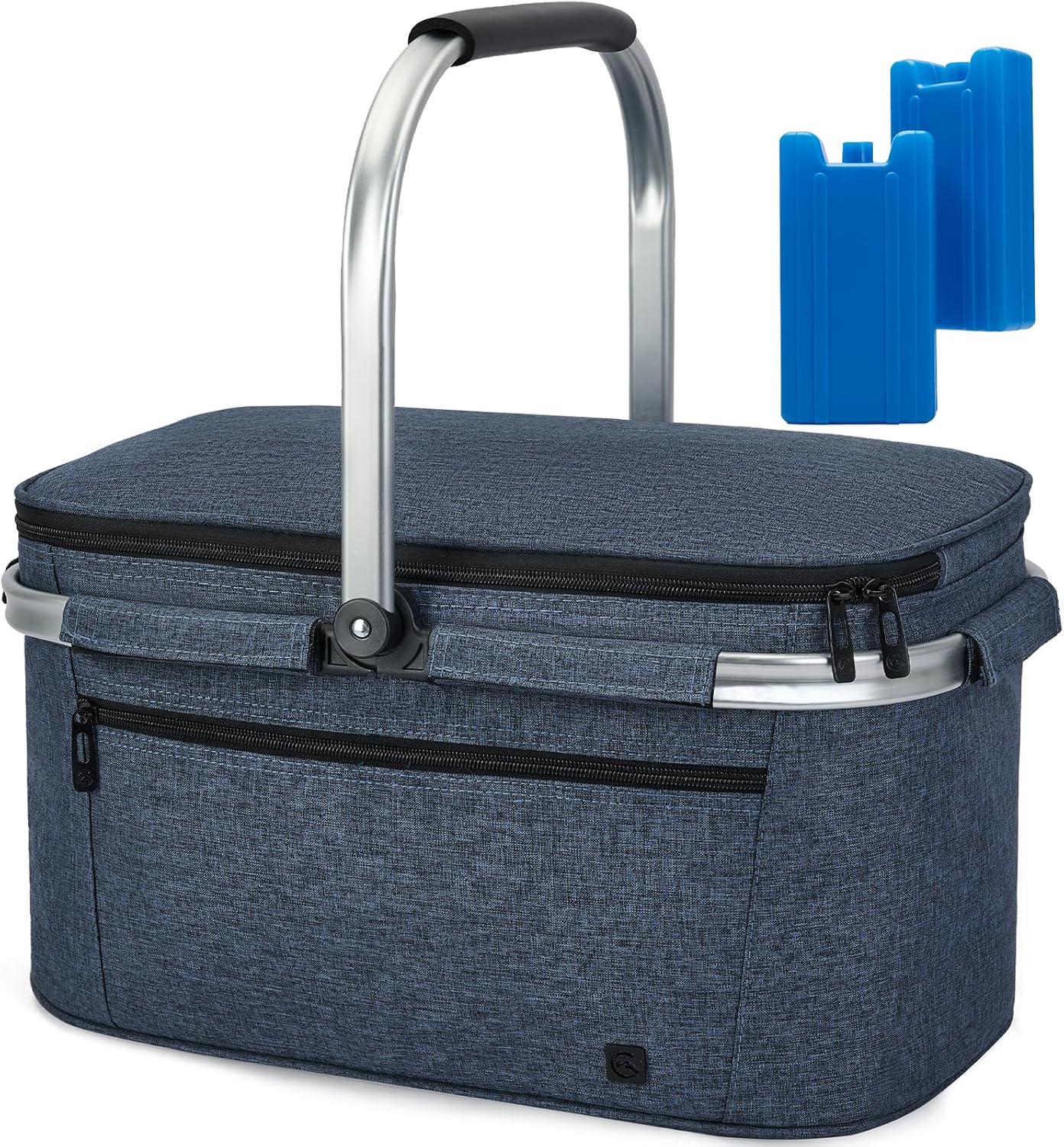 ALLCAMP Picnic Basket - Insulated Cooler, Thickening Foldable Picnic Basket with Removable Baskets & Sewn-in Frame, Basket for House Warming Gifts New Home(Blue White)
