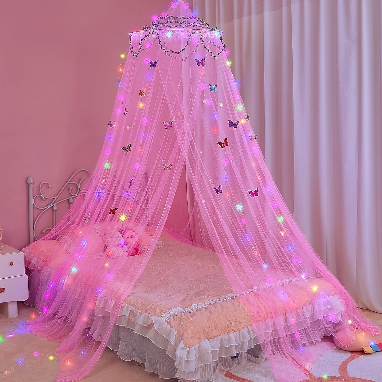 FIOBEE Bed Canopy for Girls Room Bed Canopy Curtains with Led Lights Mosquito Net DIY Princess Room Décor with Stars Butterflies for Kids Bedroom, White