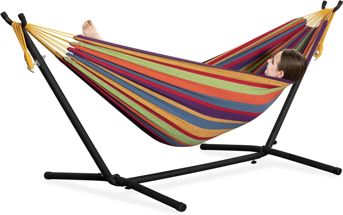 PNAEUT Double Hammocks with Stand for Outside, Portable Space Saving Heavy-Duty Steel Frame for Indoor Outdoor Patio Yard, Easy Assembly, 2 Person 450 lbs Capacity (Coffee)