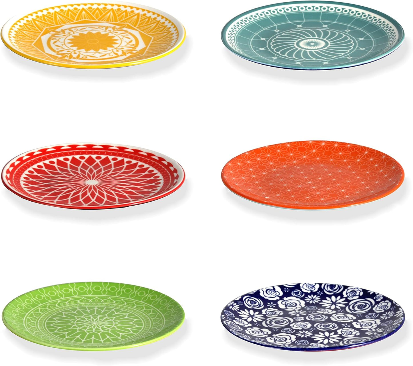 Annovero Dinner Plates - Mismatched Colorful Dinnerware Set of 6 - Fun Decorative Cute Boho Kitchen Dishes - Zero Lead & Cadmium - 10.5 Inch Diameter
