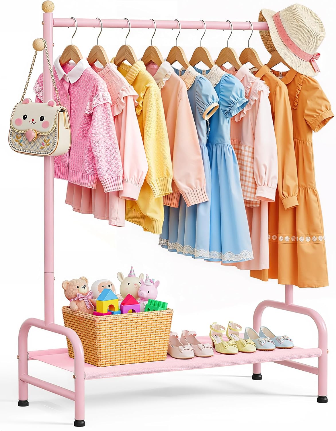 Clothes Rack - Sturdy Metal Kids Clothing Rack with Bottom Storage Shelf & Adjustable Feet, Dress Up Storage for Toddler's Bedrooms, Nurseries, Playrooms, 31" x 12.5" x 47.8", White