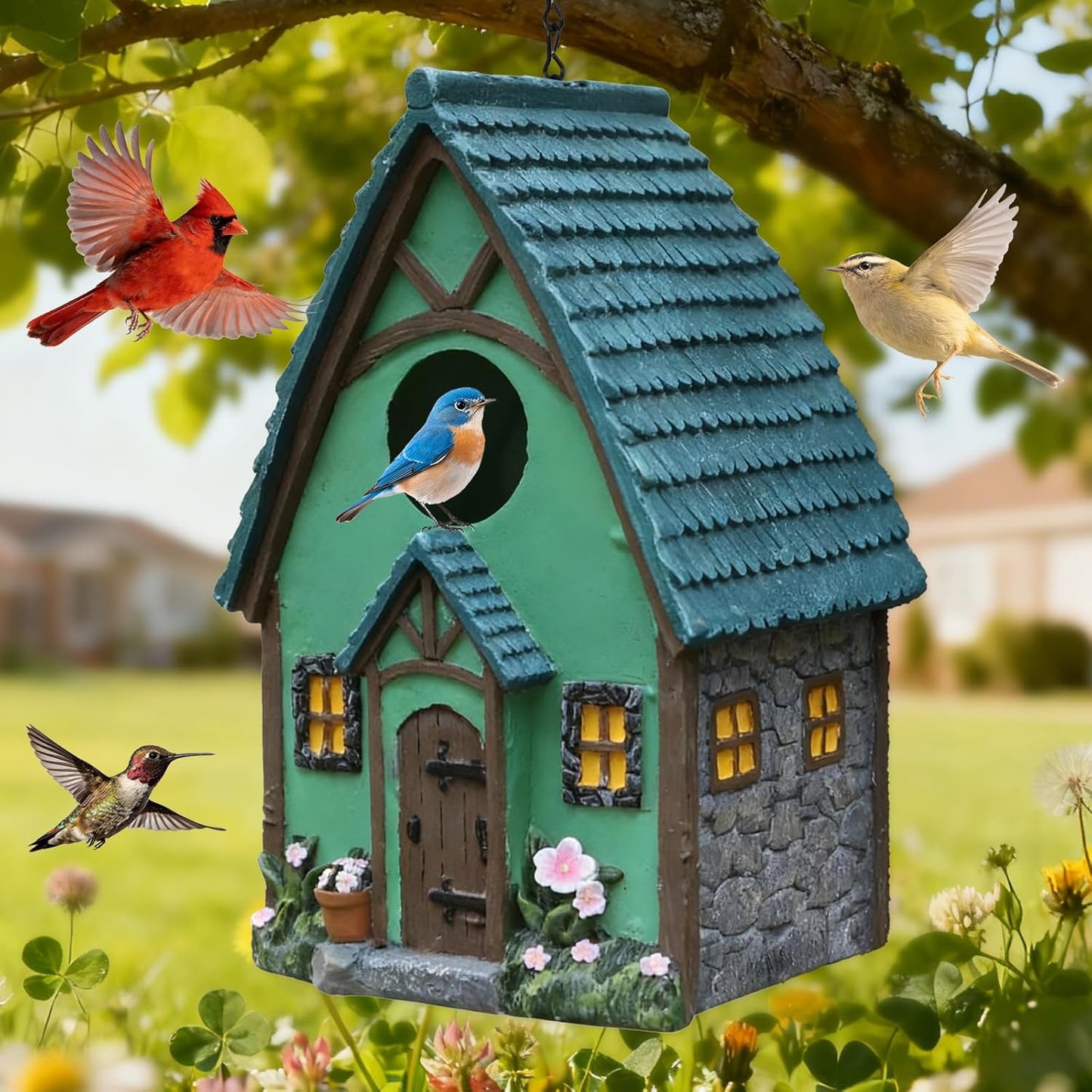 Bird Houses for Outside Bird Nesting Design Resin Birdhouse, Garden Outdoor Decor Bird House with Flower and Leaf Details, Birdhouses for Outdoors for Bluebird Finches Cardinals