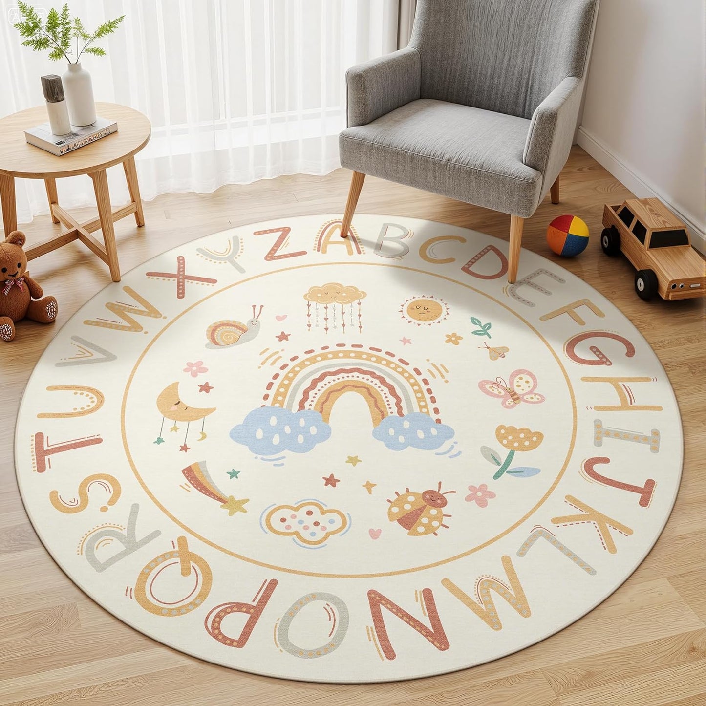 ABC Kids Alphabet Round Rug 4ft, Washable Soft Circle Nursery Rug, Non-Slip Educational Carpet with Space Astronaut Design for Classroom, Playroom & Kids Room Decor Blue
