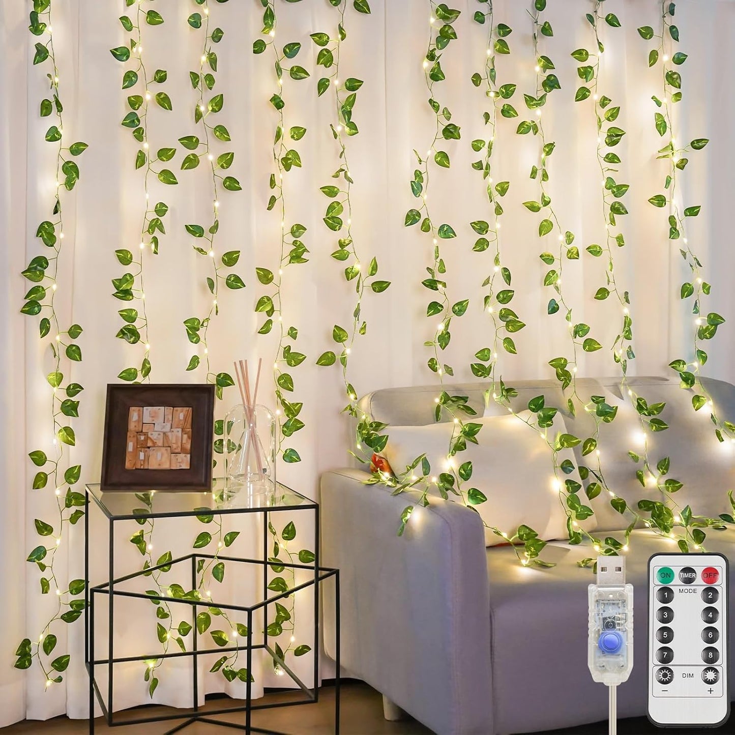 suddus Vines with Light for Bedroom, 200 LED Fairy Lights with Vines, Ivy Curtain Lights for Dorm, Wedding, Party, Wall, Indoor, Outdoor Decor, 6.5ft x 6.5ft