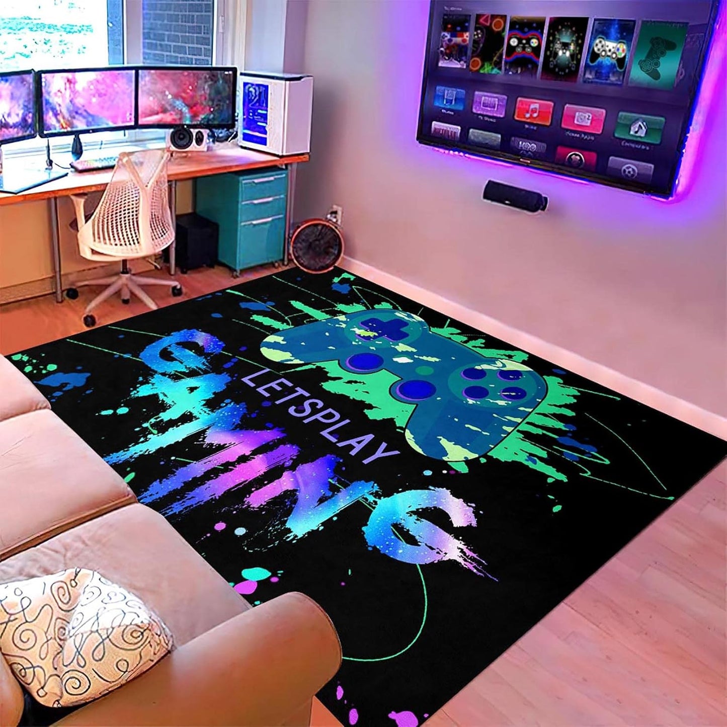 Gaming Area Rugs for Boys Cool Game Style Bedroom, Gamer Rug Boys Room Decor, Video Games Bedroom Carpet for Teens, Controller Gamepad Player Standing Throw Doormats Yoga Mat Black
