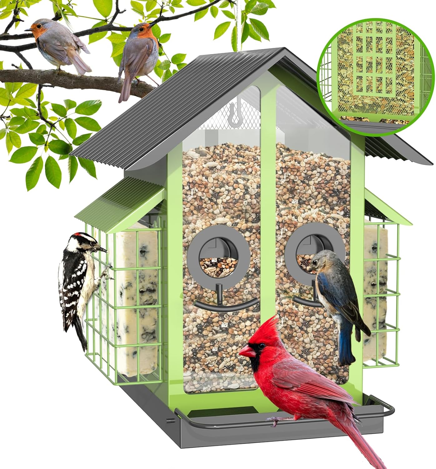 FlowaFoli Bird Feeders for Outdoors, Metal Bird Feeder with Double Suet Cage Weatherproof Metal Roof, 2 in 1 Mixed Seeds Suet Feeder, 4Lbs Large Capacity, Great for Finch、Cardinal、Chickadee（Brown）