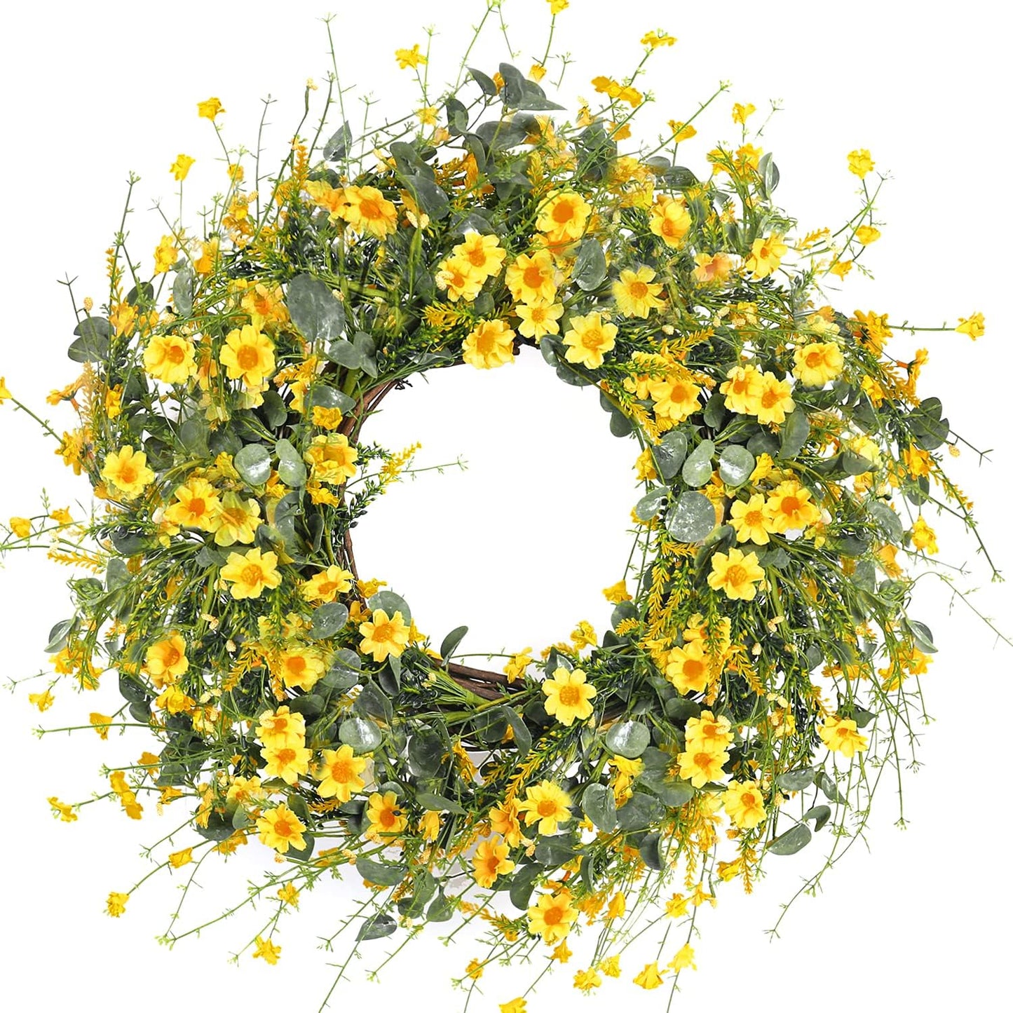 Sggvecsy White Daisy Wreath 24 Inch with Fake Silk Floral Green Eucalyptus Leaves and Lavender for Spring Summer Front Door Window Wall Wedding Farmhouse Festival Decor