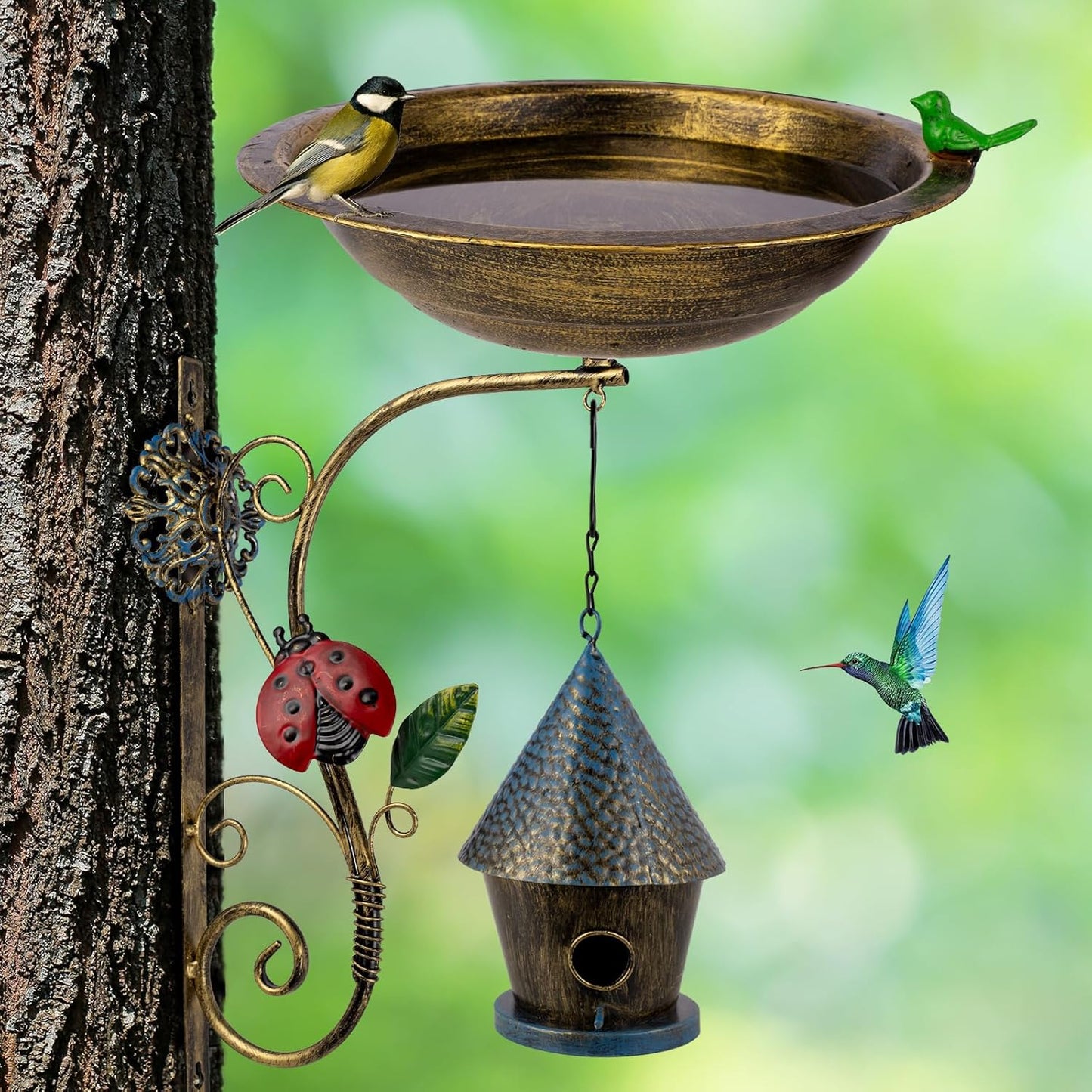 Metal Bird Bath for Outdoors, Deck Mounted Birdbaths with 10 Inch Bowl, Detachable Bird Feeder with Adjustable Clamp for Balcony Railing Garden Yard Decor