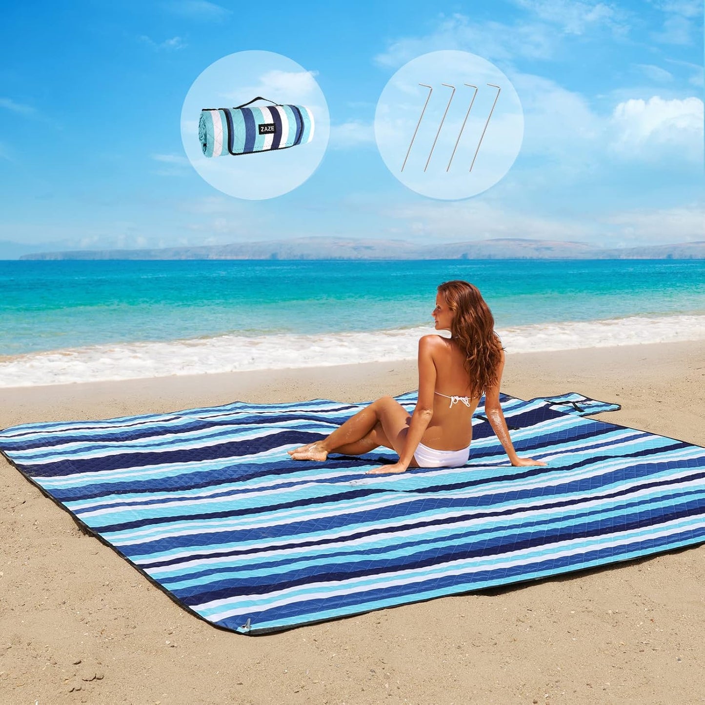 ZAZE Picnic Blankets Beach Blanket, 80''x80'' Extra Large Thick 3-Layers, Sandproof Machine Washable Waterproof Foldable Oversized XL Outdoor Mat, for Camping, Park, Travel, Grass(Blue White Stripe)
