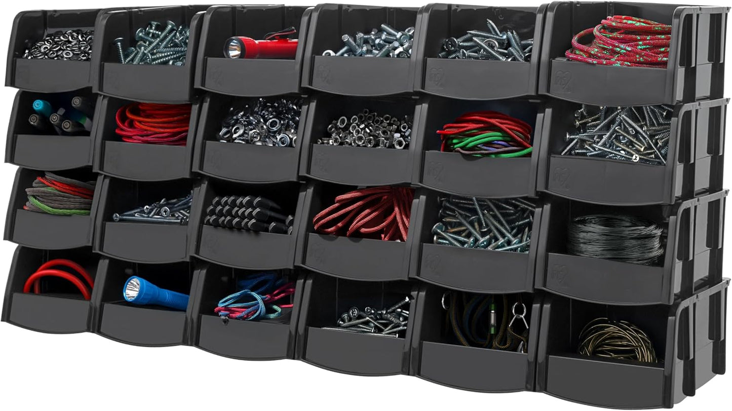 IRIS USA Large Stackable Storage Bins, 8-Pack, 13"L x 6"W x 5"H, |Made in USA|, Plastic Open Front Shelf Bin for Organizing Parts, Hardware, Tools, Supplies, Garage Shelf, Pantry - Black