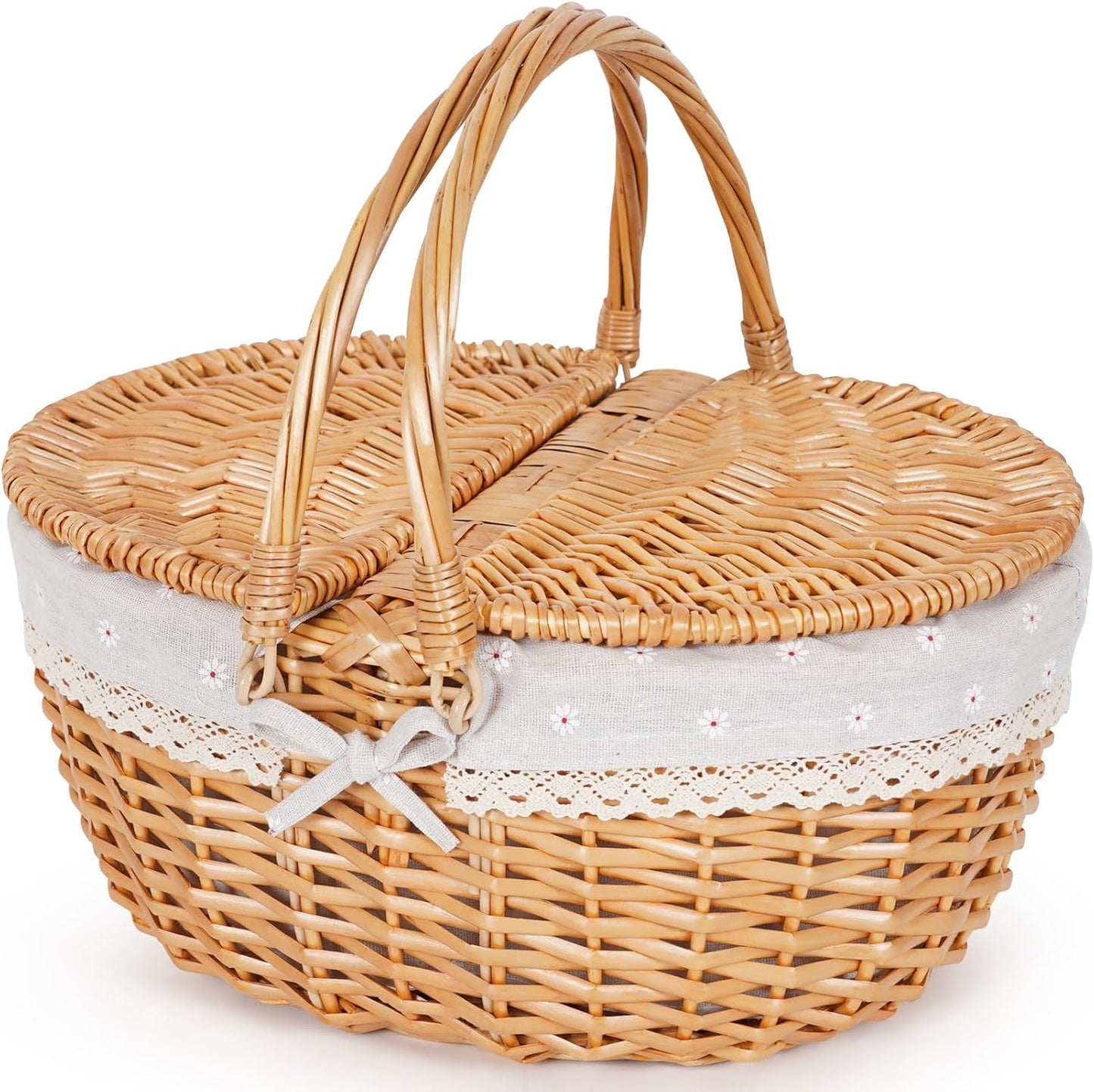 Happypicnic Wicker Picnic Basket with Handle, 15" Large Empty Picnic Basket with Lid & Removable Liner, Vintage Hand Woven Basket for Picnics, Camping, Veg Picking, Mother's Day, Thanksgiving (Solid)