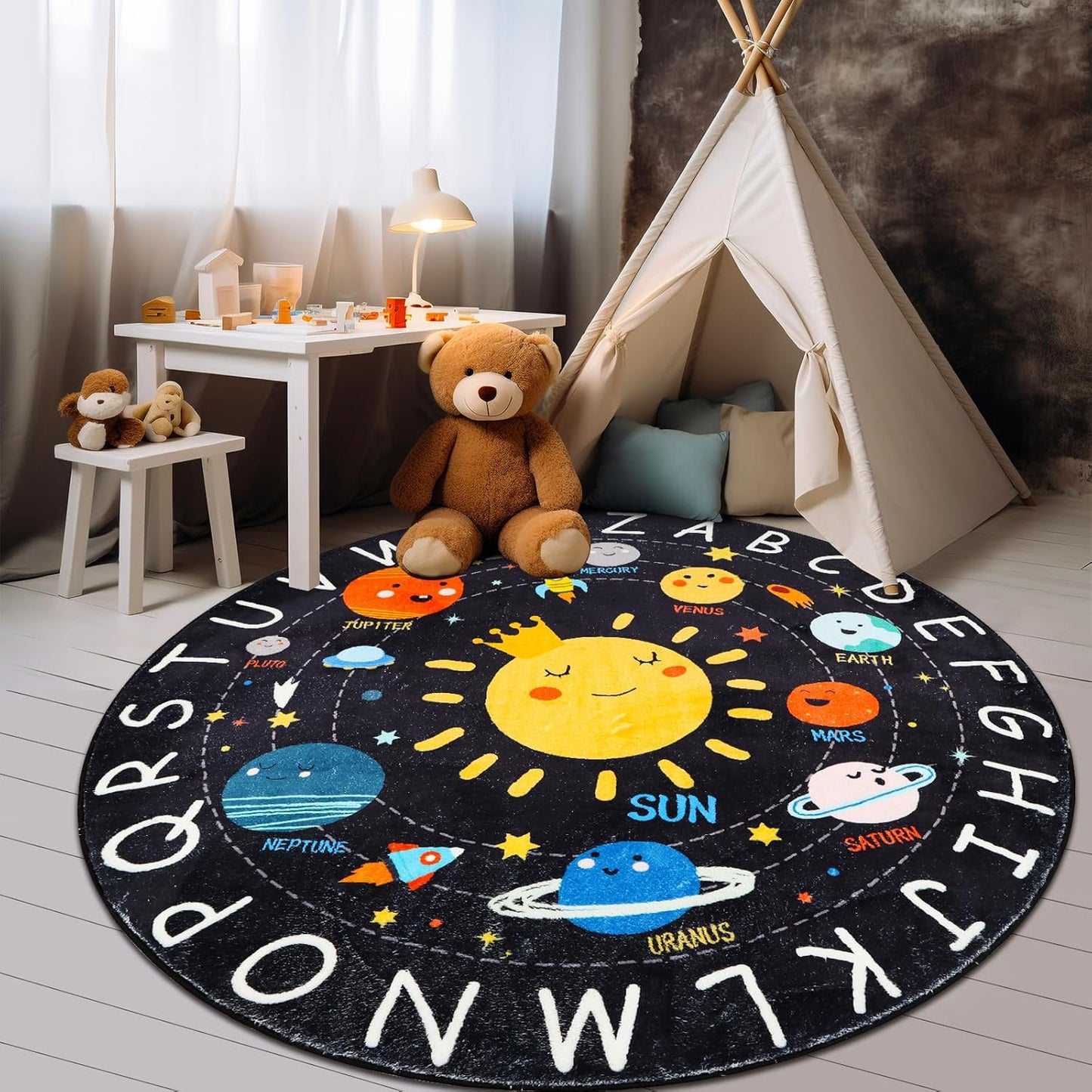 Round ABC Kids Rug,4 Ft Soft Circle Alphabet Playroom Rug,Washable Non-Slip Solar System Kid Play mat,Space Educational Rugs Kids Carpet for Classroom Playroom Bedroom Kids Room Decor