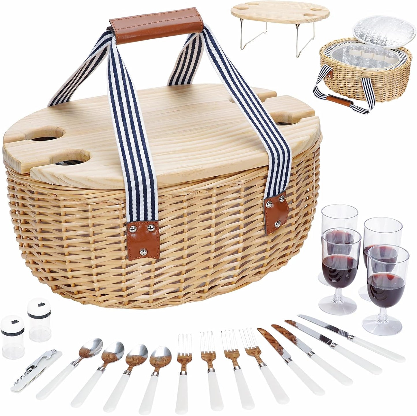 STBoo Picnic Basket for 4, Insulated Wicker Hamper with Folding Table, Willow Picnic Baskets Set with Large Insulated Cooler Bag for Camping Outdoor (Stripe)