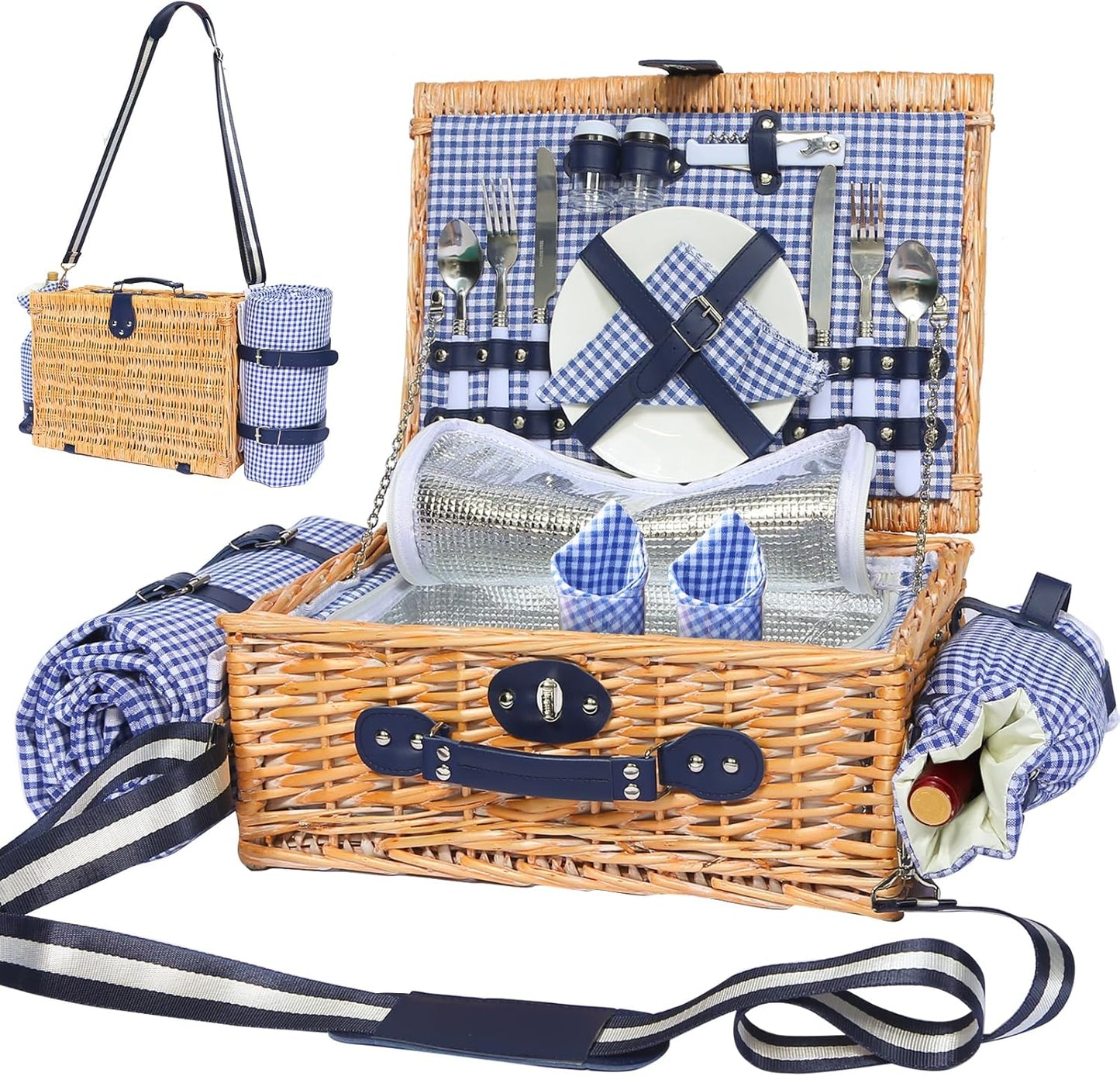 Picnic Basket for 4 Persons with Waterproof Picnic Blanket and Insulated Cooler, Large Wicker Picnic Basket for Camping, Outdoors, Valentine's Day, Christmas, Birthday, Wedding Gift